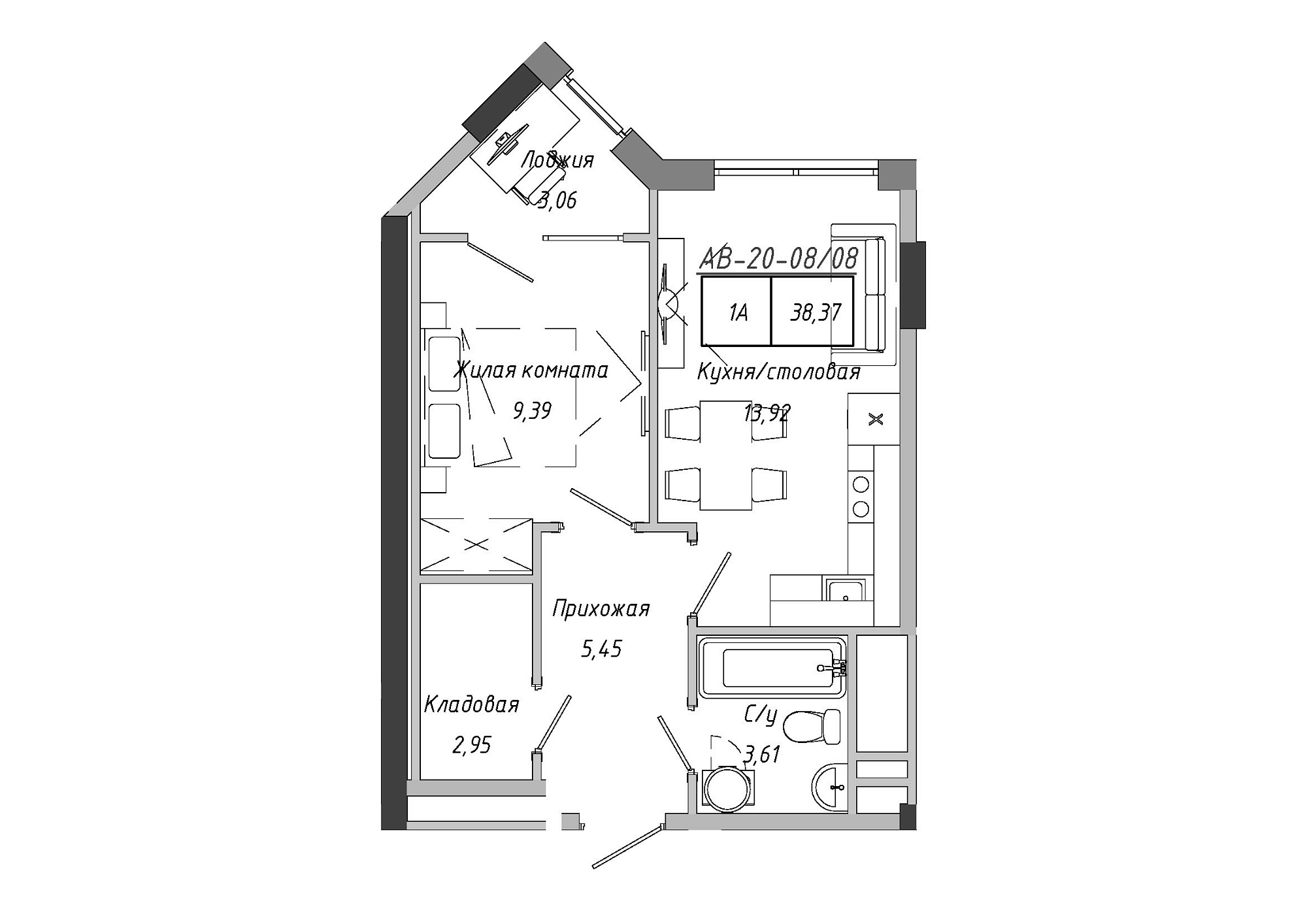 Планировка 1-к квартира площей 38.85м2, AB-20-08/00008.