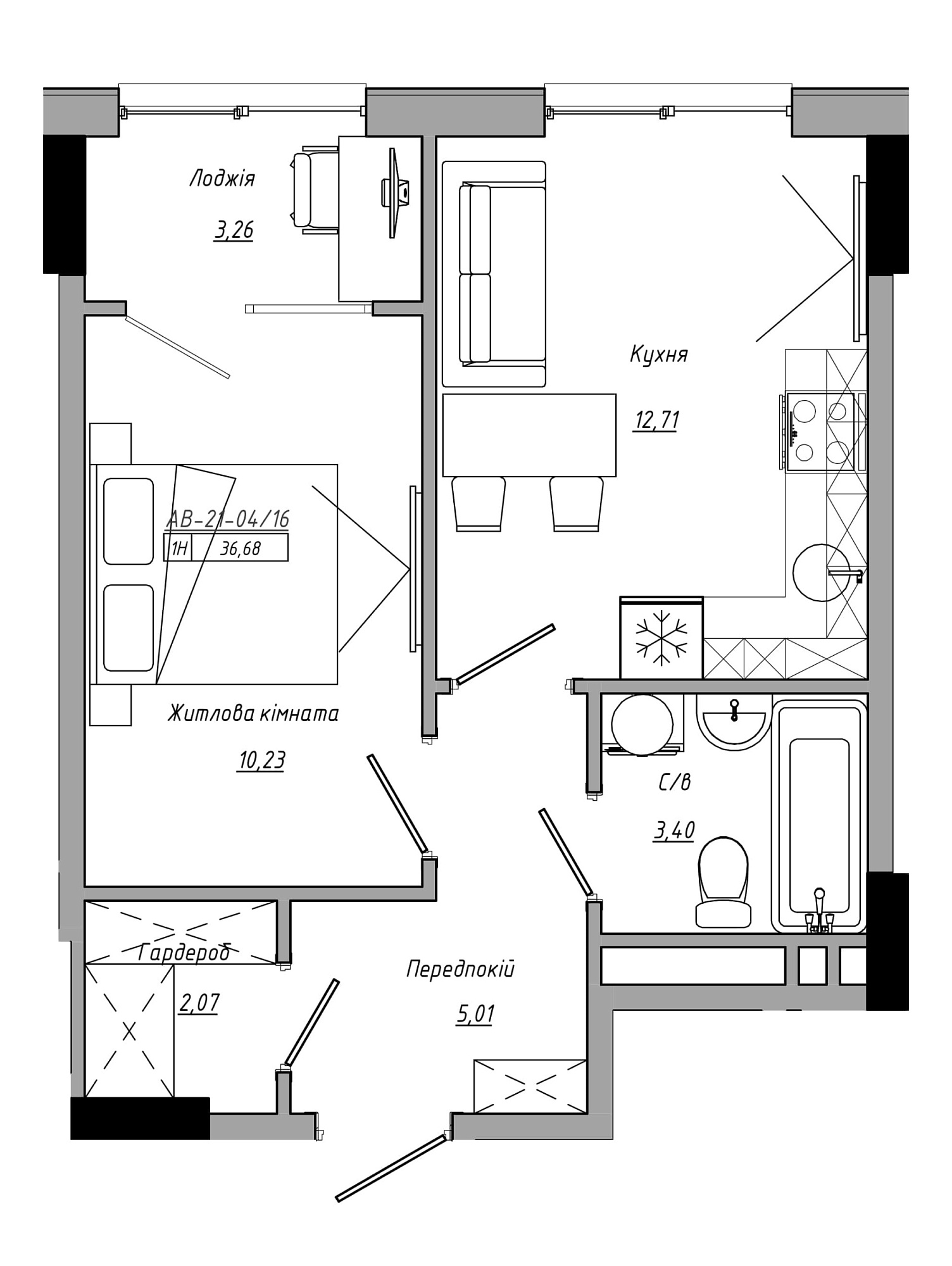Планування 1-к квартира площею 36.68м2, AB-21-04/00016.