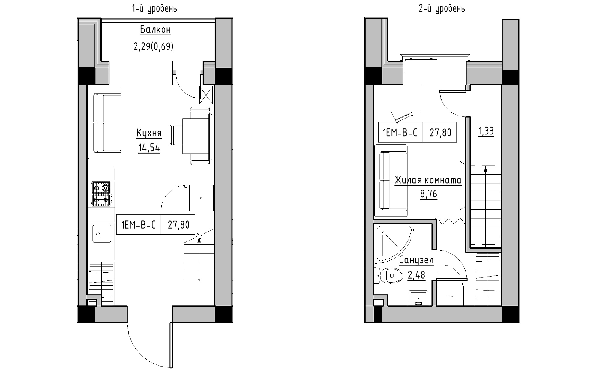 Planning 2-lvl flats area 27.8m2, KS-022-05/0010.