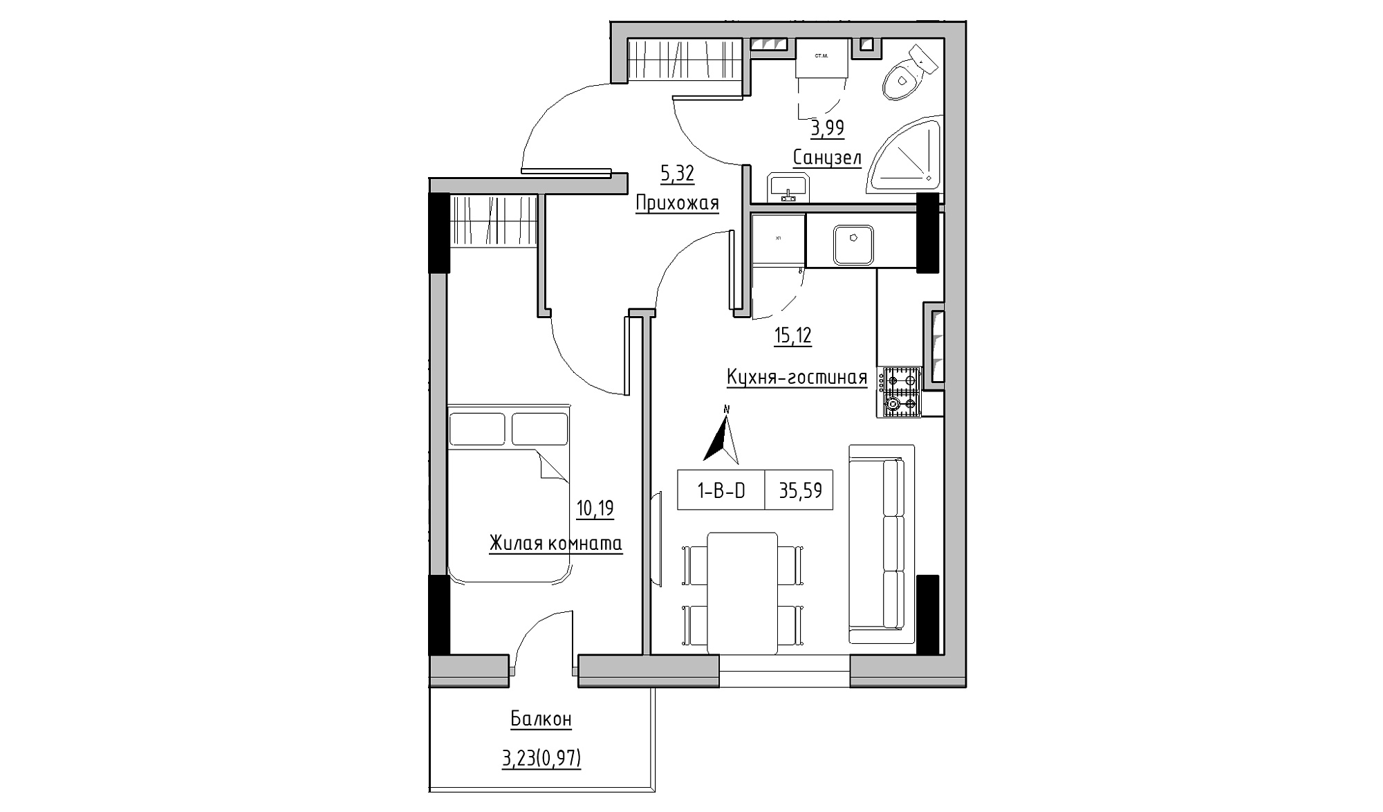 Планировка 1-к квартира площей 35.59м2, KS-025-03/0011.