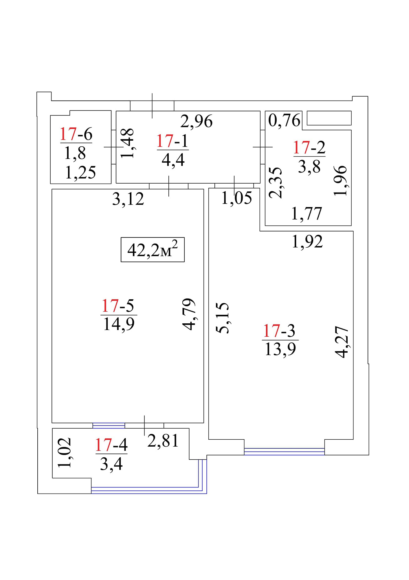 Планировка 1-к квартира площей 42.2м2, AB-01-03/00018.