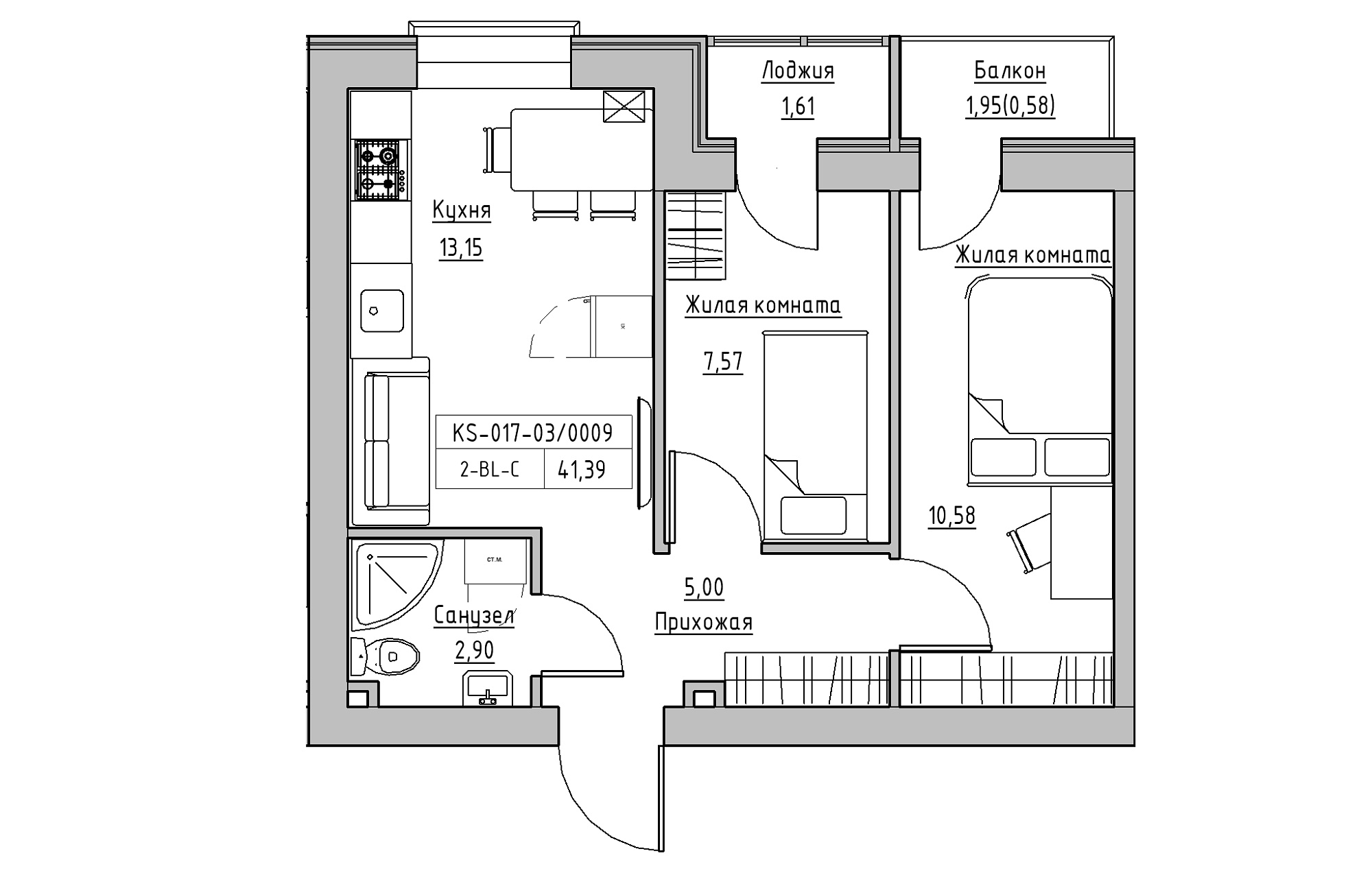 Планировка 2-к квартира площей 41.39м2, KS-017-03/0009.