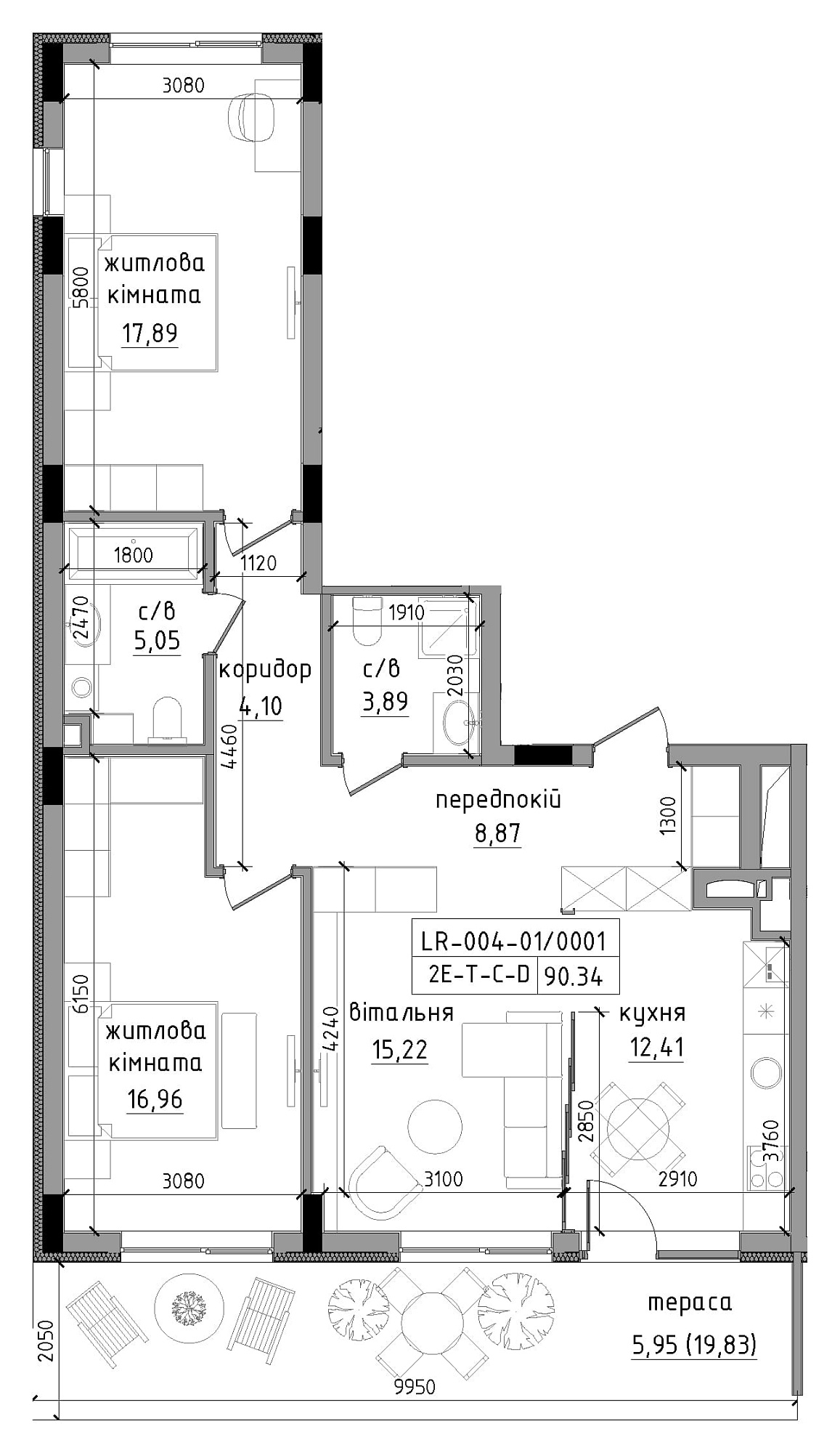 Планировка 2-к квартира площей 90.34м2, LR-004-01/0001.