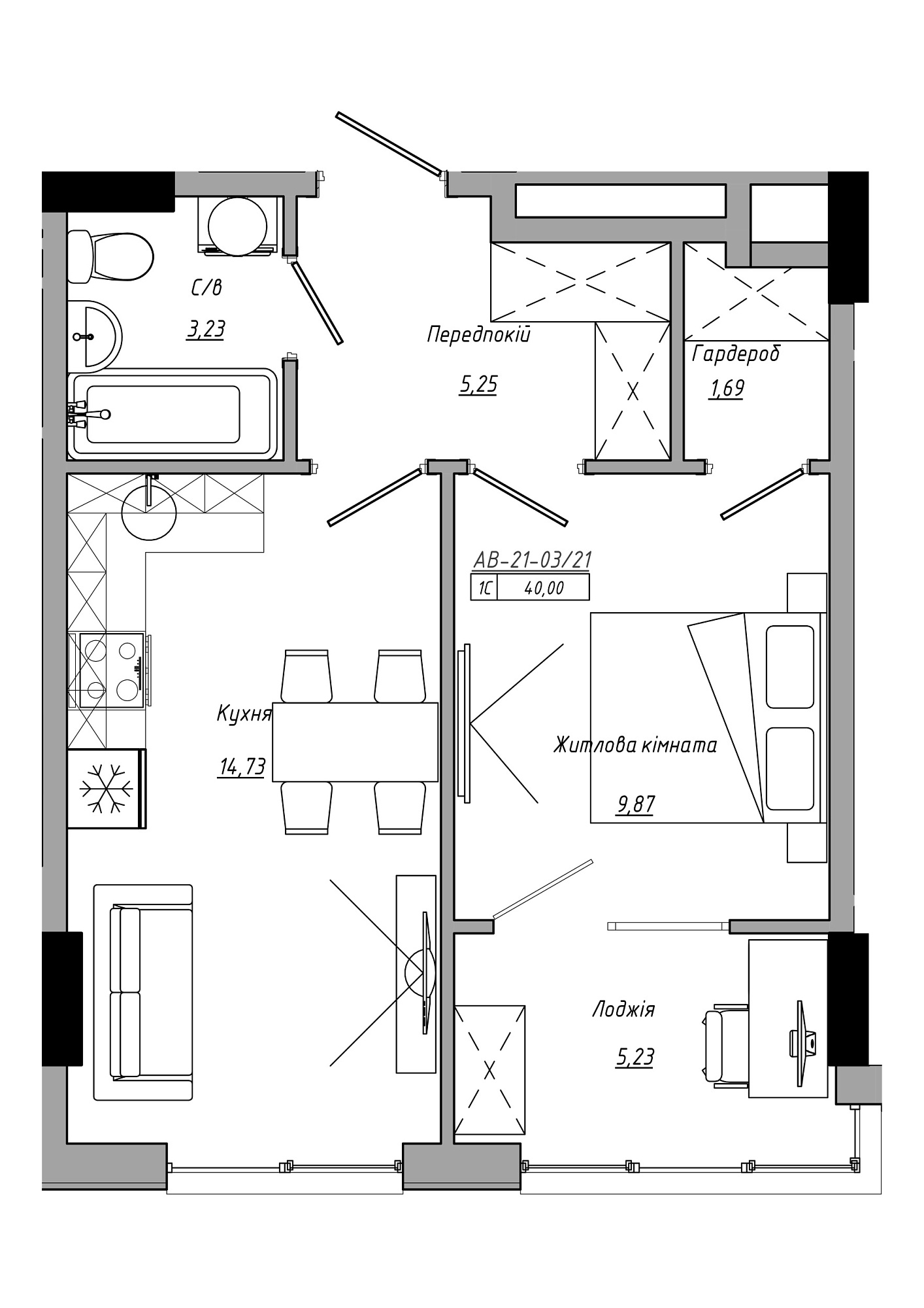 Планування 1-к квартира площею 40м2, AB-21-03/00021.