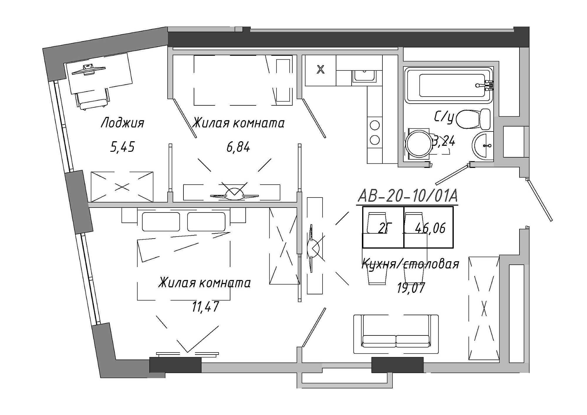 Планировка 2-к квартира площей 45.99м2, AB-20-10/0001а.