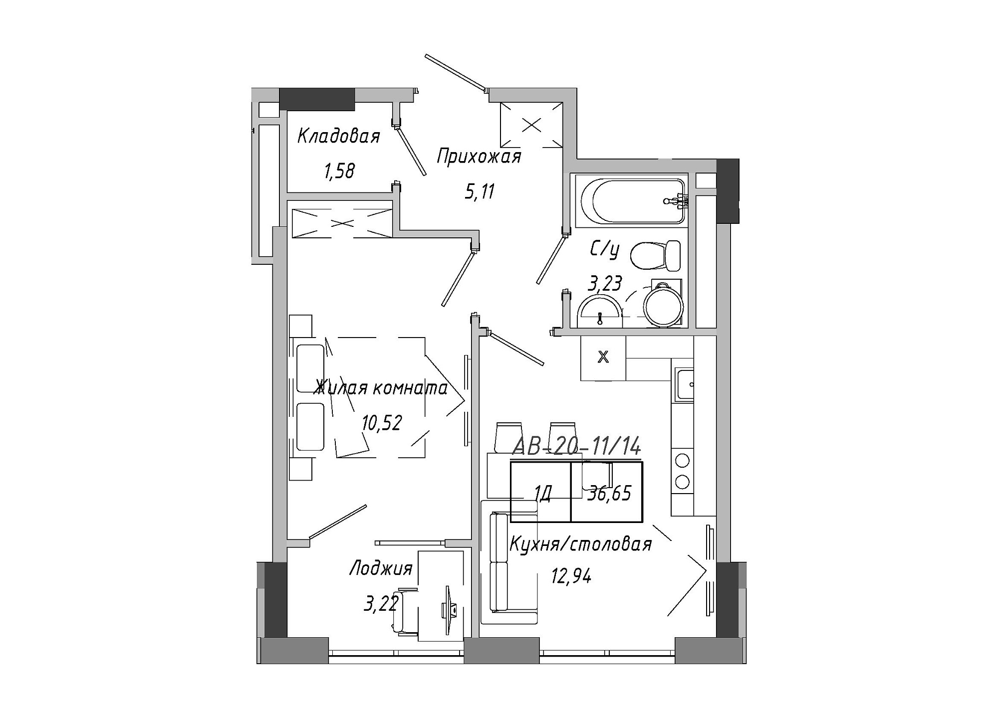 Планировка 1-к квартира площей 36.96м2, AB-20-11/00014.