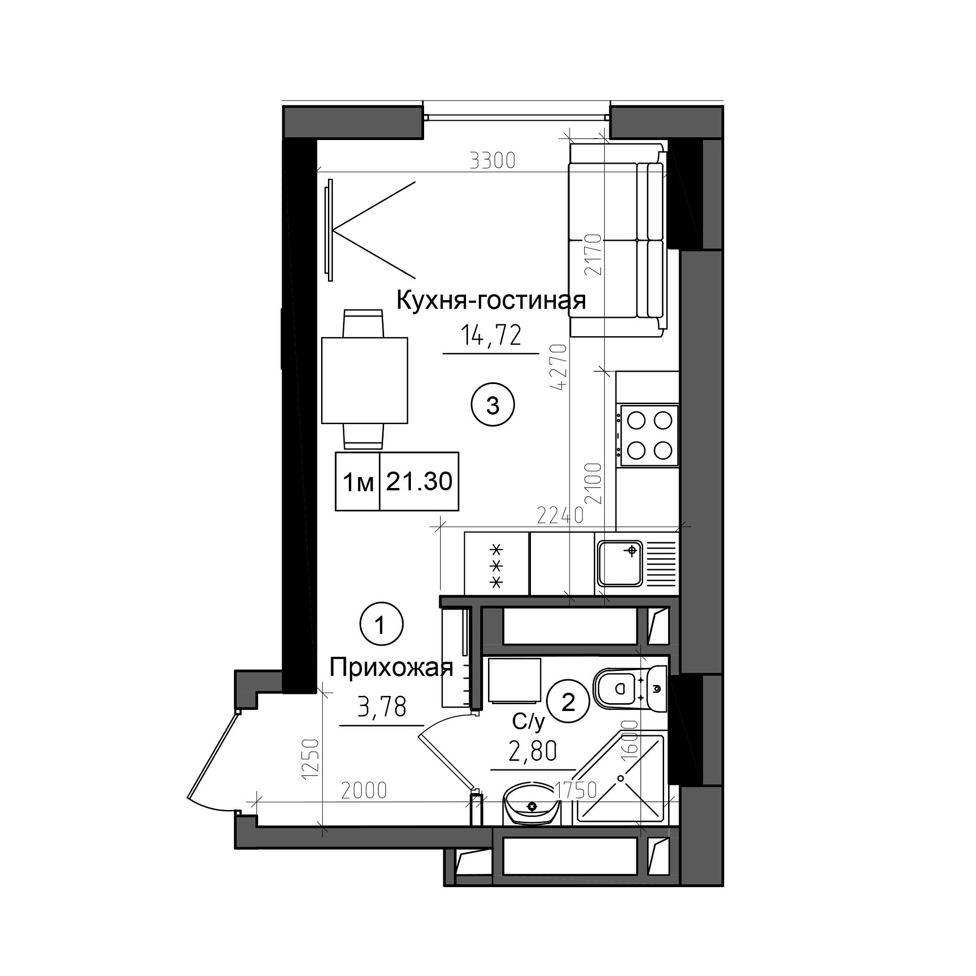 Планування Smart-квартира площею 21.3м2, AB-20-07/0004а.