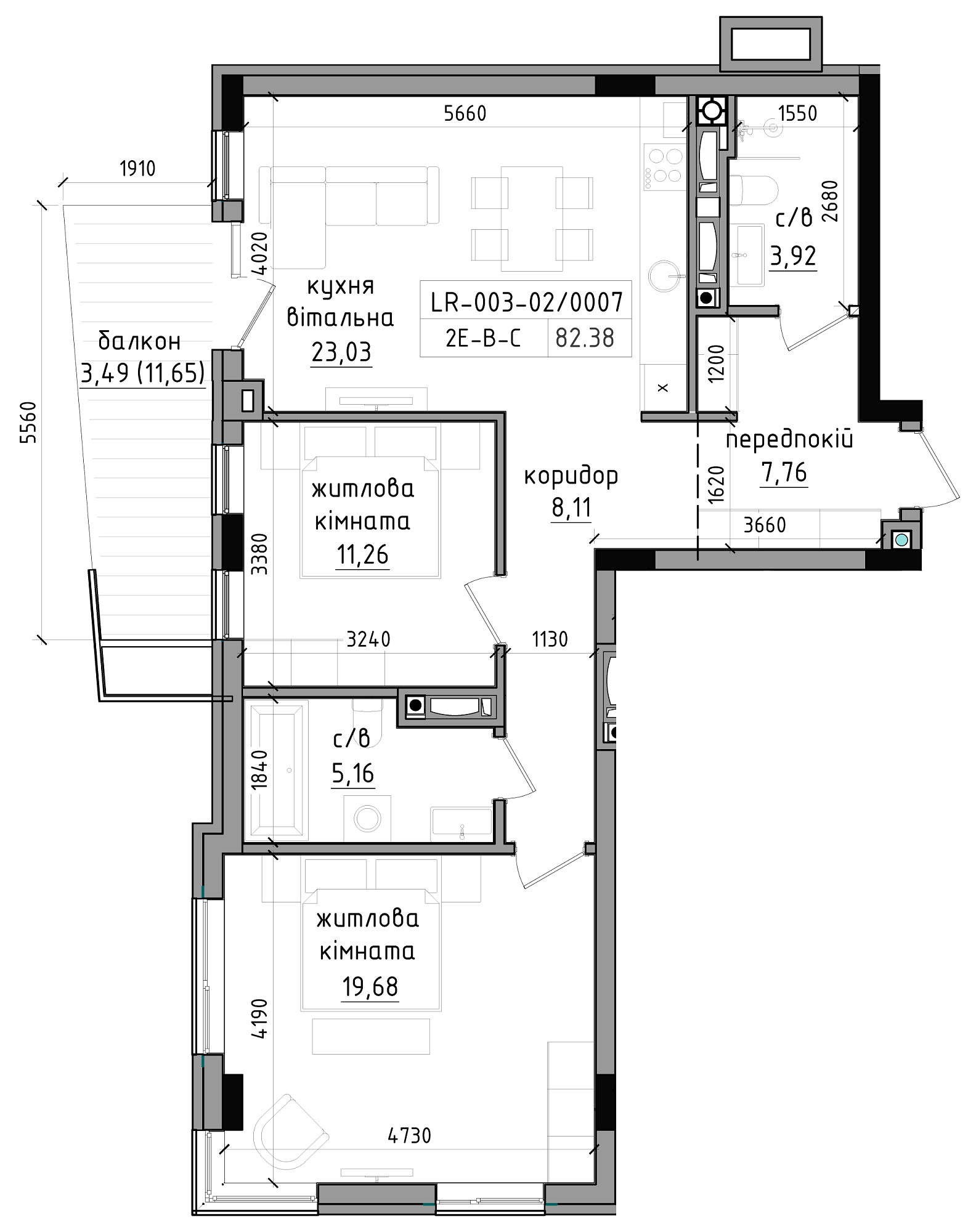 Planning 2-rm flats area 82.38m2, LR-003-02/0007.