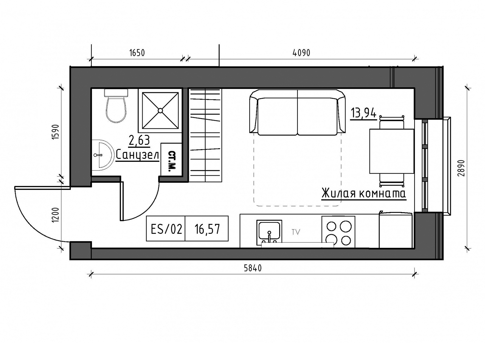 Планировка Smart-квартира площей 16.57м2, KS-011-02/0005.