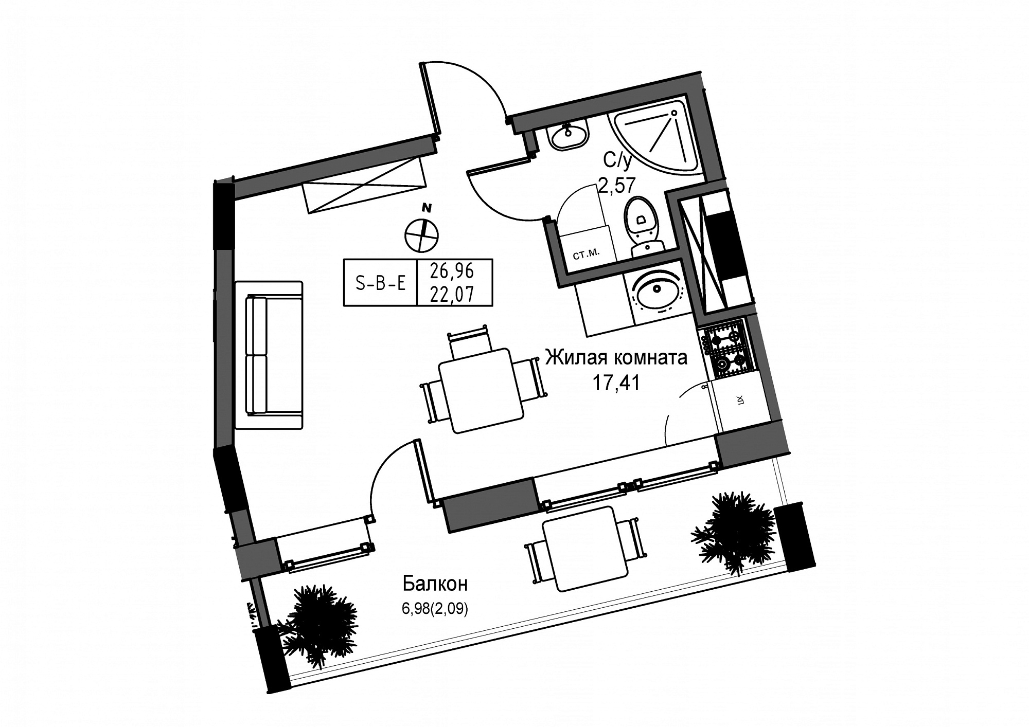 Планування Smart-квартира площею 22.07м2, UM-004-08/0014.