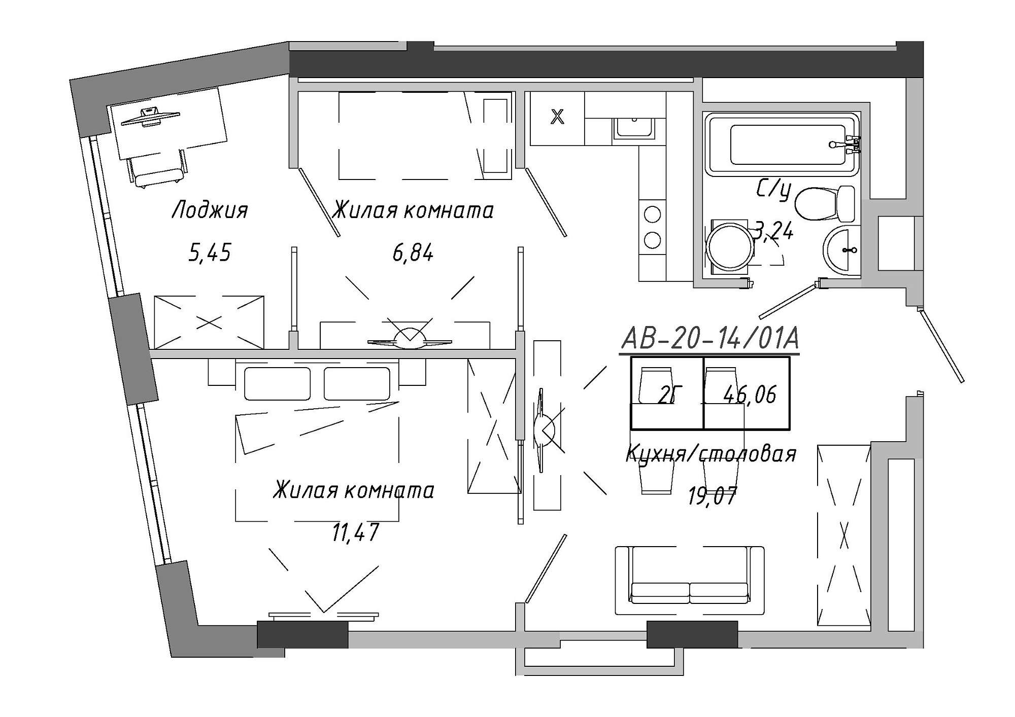 Planning 2-rm flats area 46.06m2, AB-20-14/0101a.