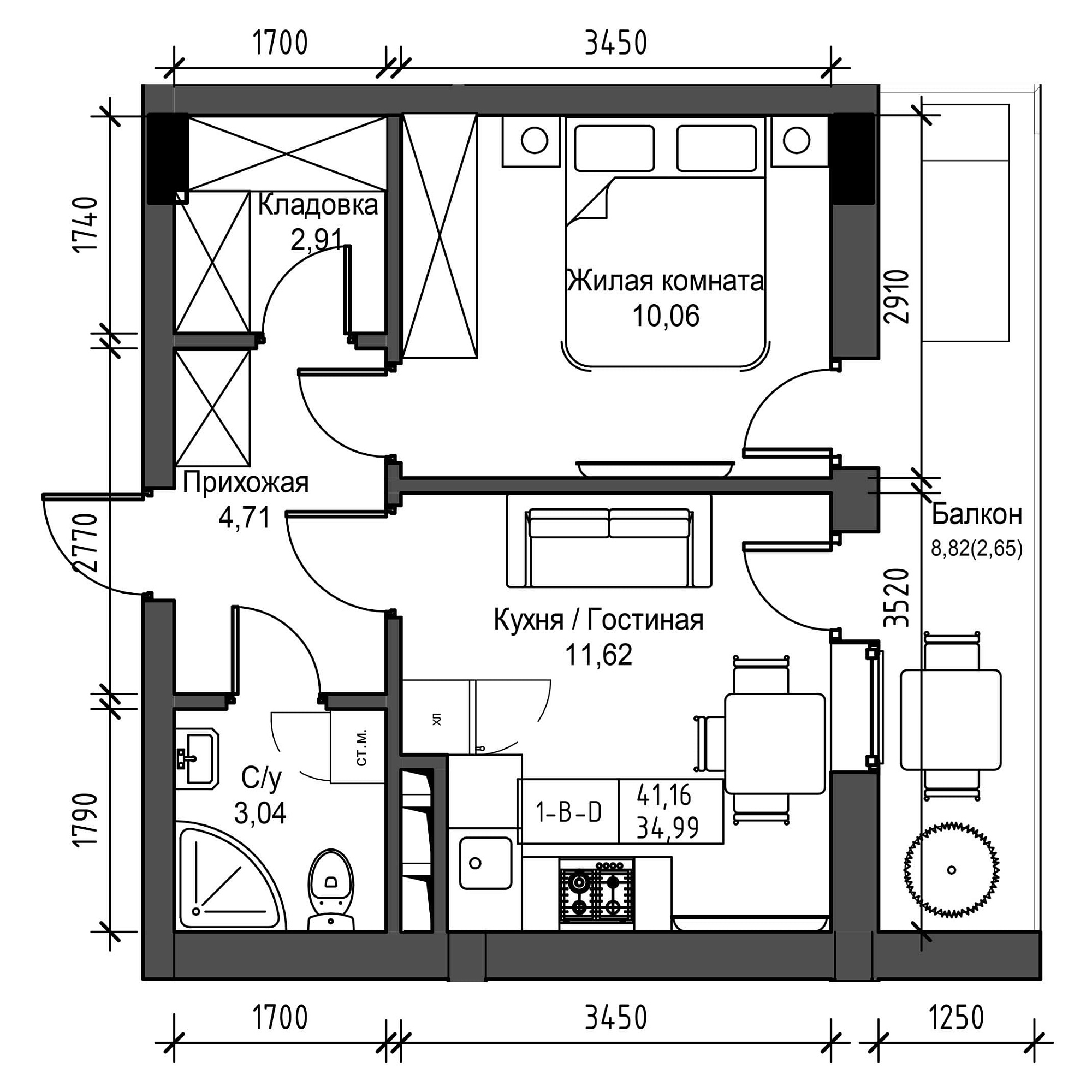 Планировка 1-к квартира площей 34.99м2, UM-001-07/0024.
