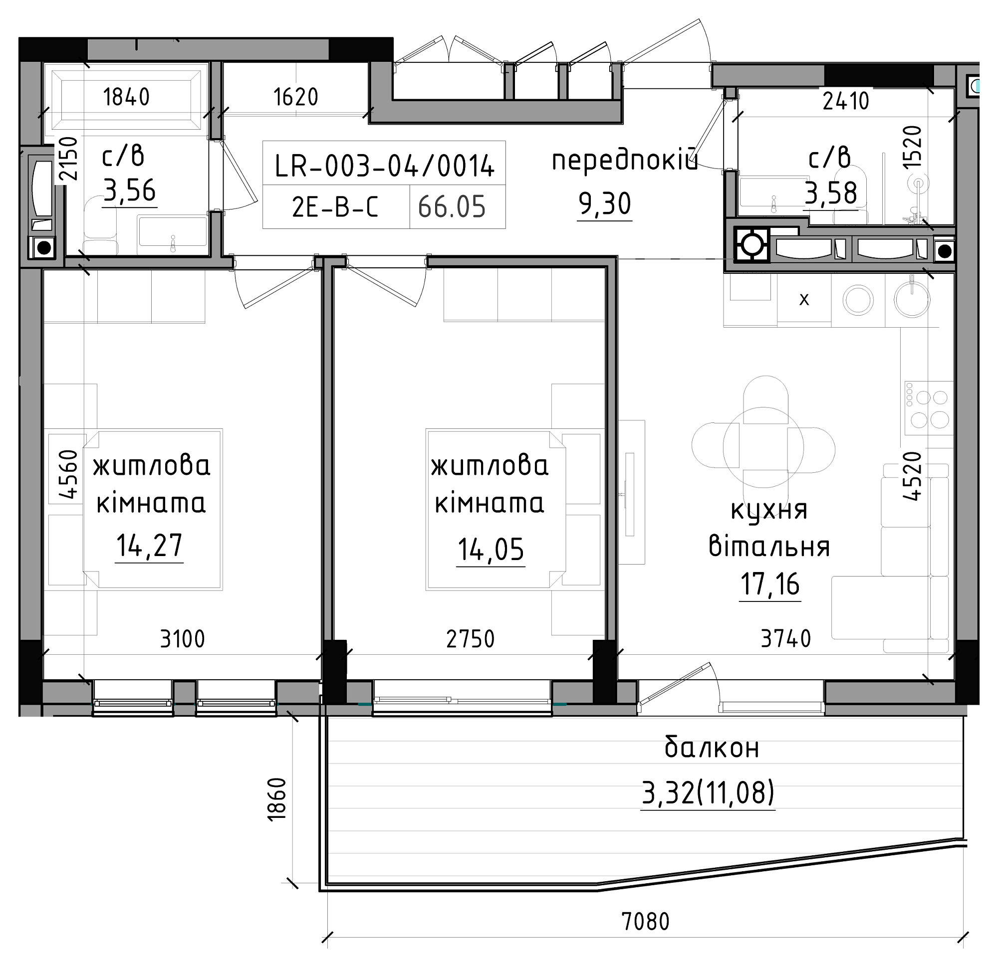 Planning 2-rm flats area 66.05m2, LR-003-04/0014.