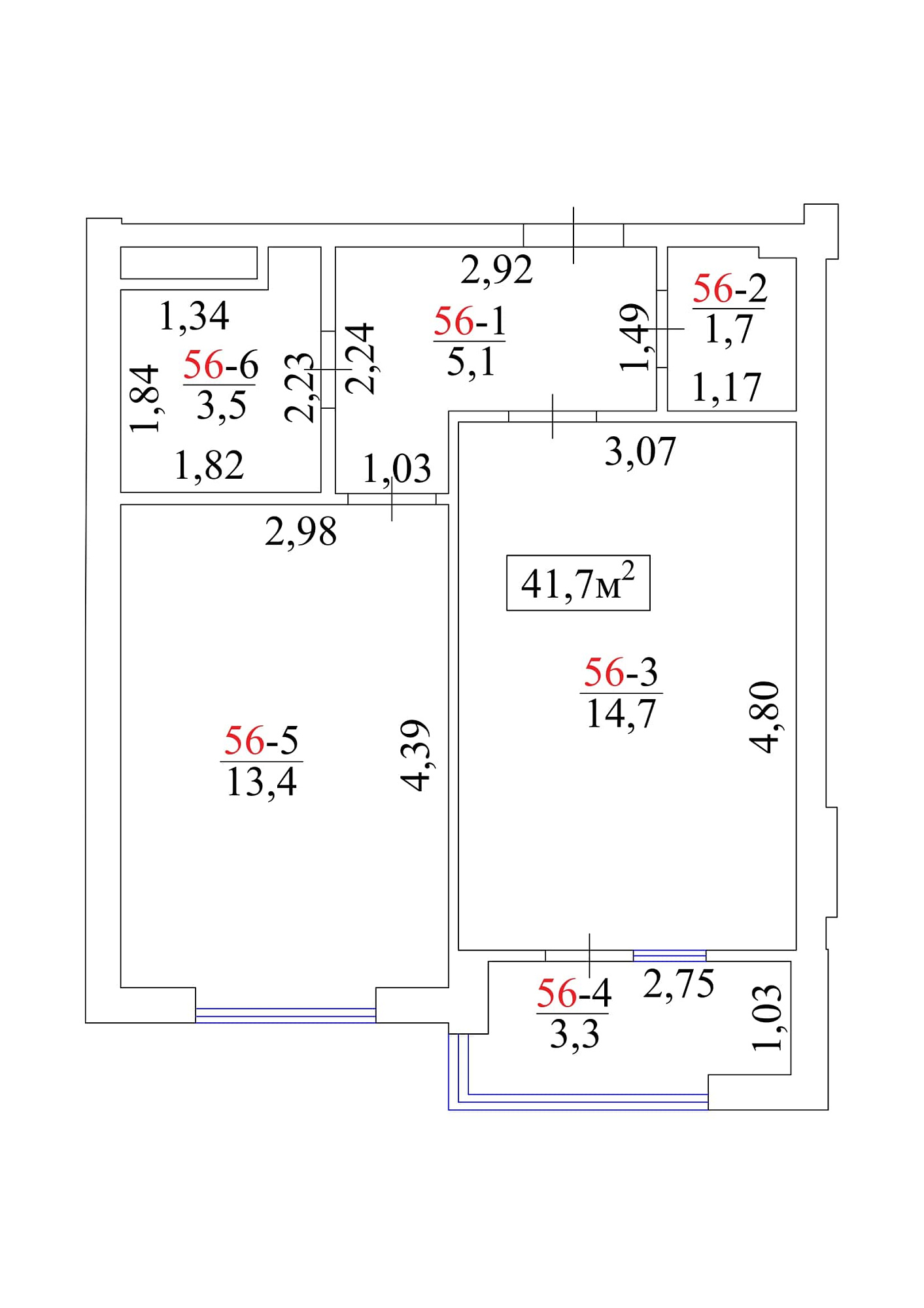 Планировка 1-к квартира площей 41.7м2, AB-01-06/00053.