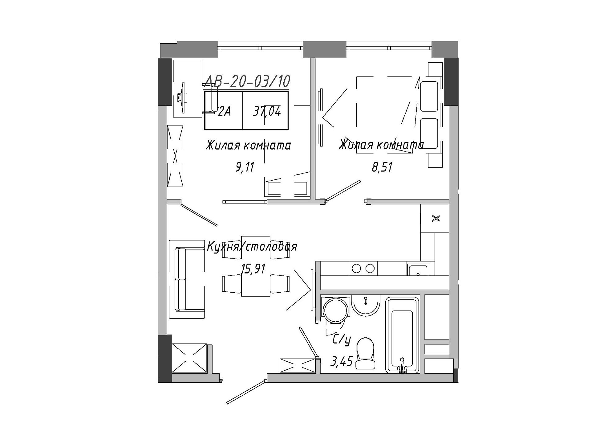 Планування 2-к квартира площею 37.04м2, AB-20-03/00010.