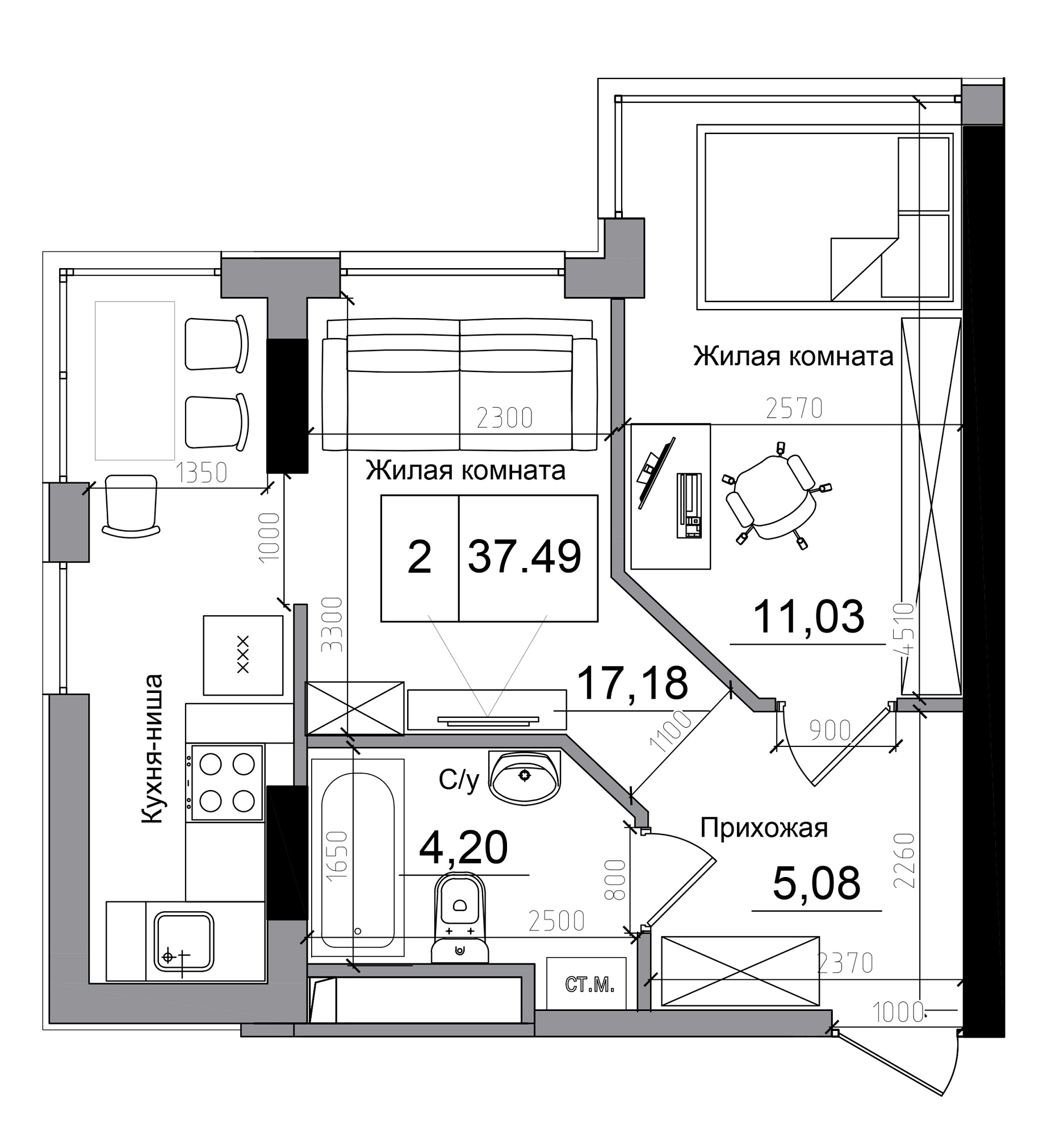 Планировка 1-к квартира площей 37.49м2, AB-11-12/00005.