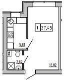 Планировка 1-к квартира площей 27.48м2, KS-01А-04/0004.