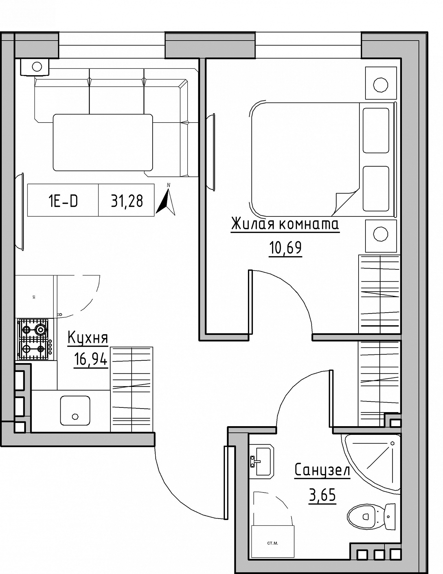Planning 1-rm flats area 31.28m2, KS-024-02/0002.