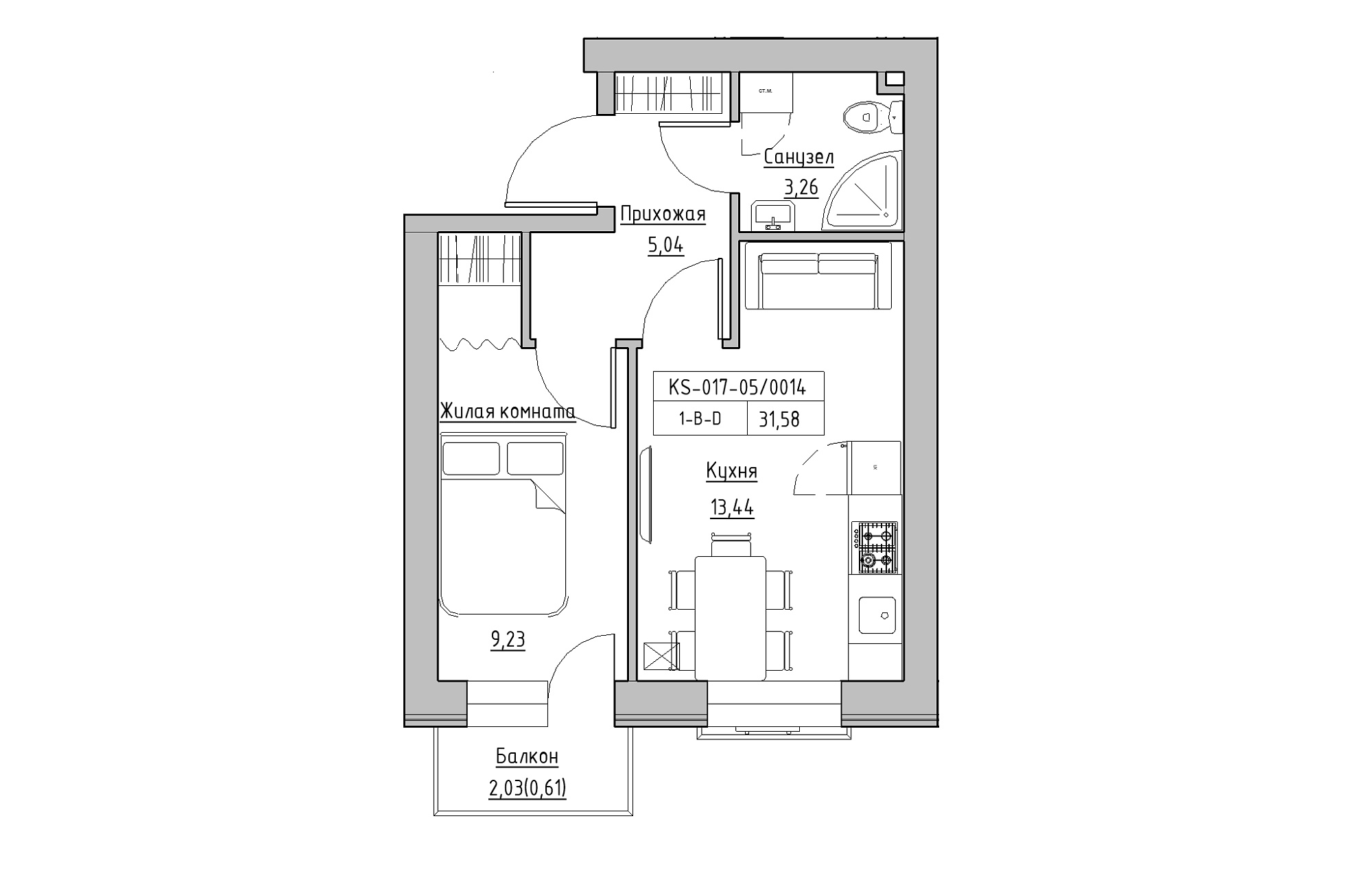 Планування 1-к квартира площею 31.58м2, KS-017-05/0014.