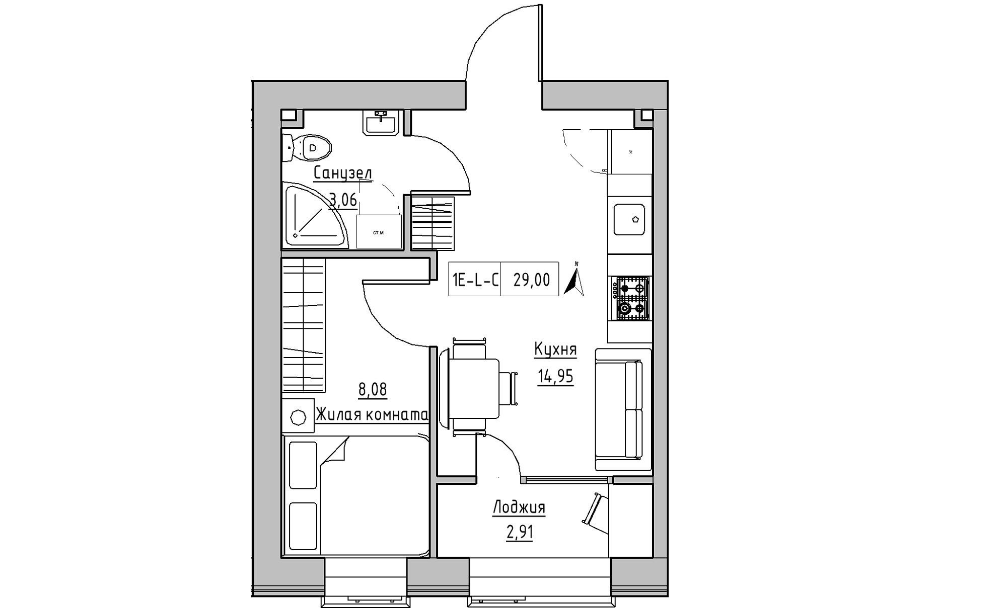 Планування 1-к квартира площею 29м2, KS-016-03/0007.