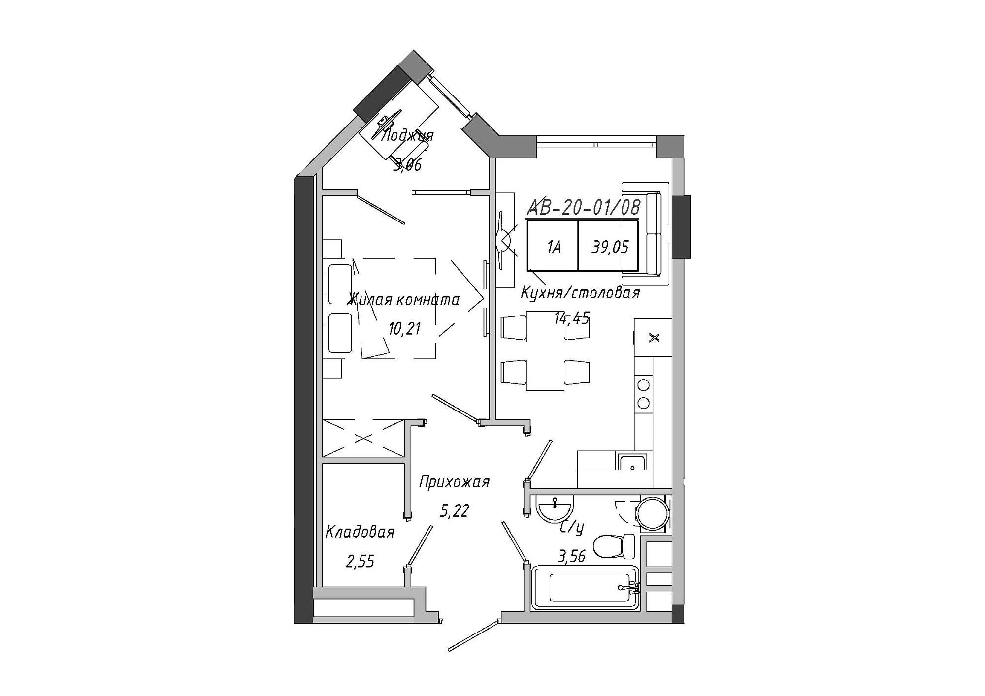 Планировка 1-к квартира площей 39.05м2, AB-20-01/00008.