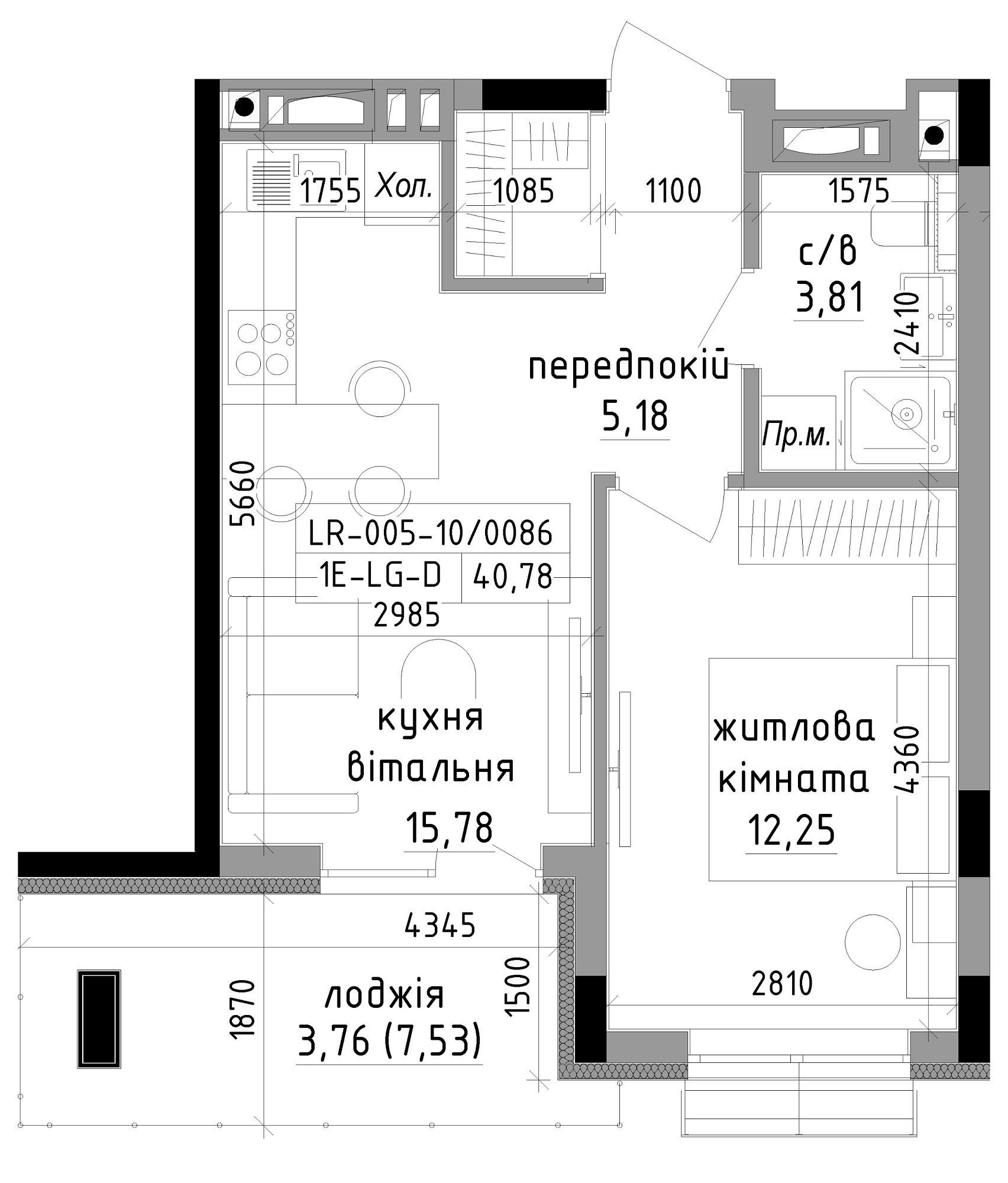 Планування 1-к квартира площею 40.79м2, LR-005-10/0086.