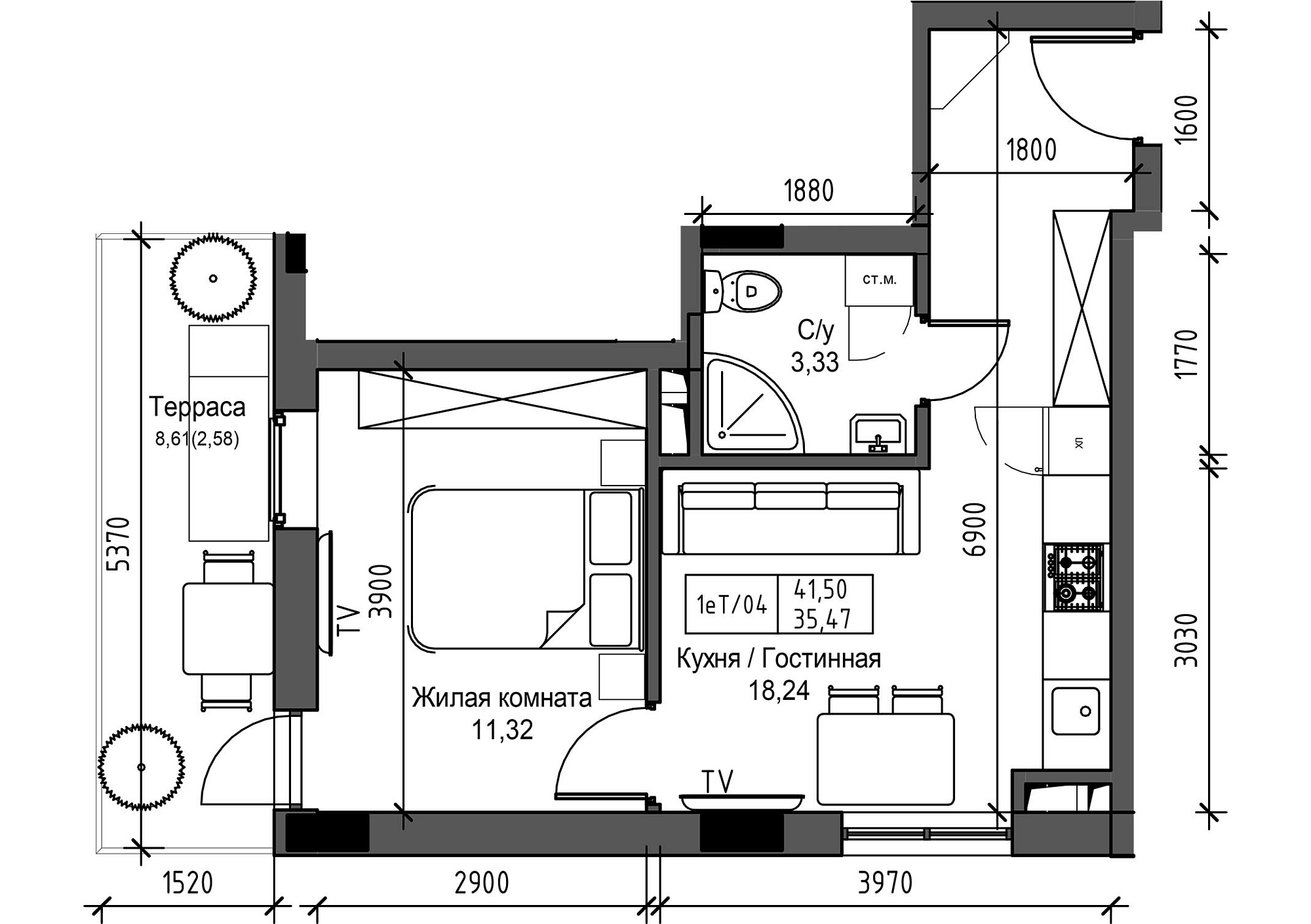 Планування 1-к квартира площею 35.47м2, UM-003-09/0097.