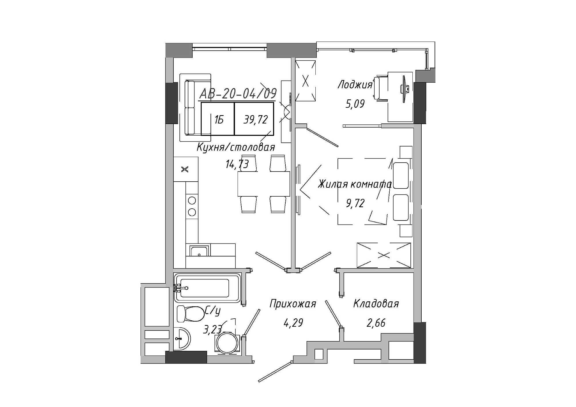 Планировка 1-к квартира площей 39.72м2, AB-20-04/00009.