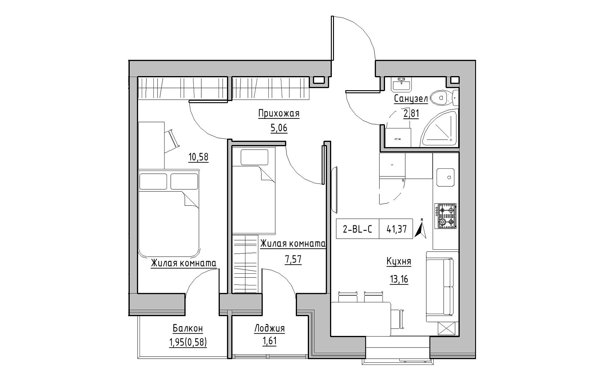 Планування 2-к квартира площею 41.37м2, KS-019-04/0011.