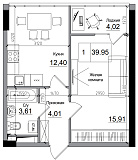 Планировка 1-к квартира площей 39.95м2, AB-15-01/00010.