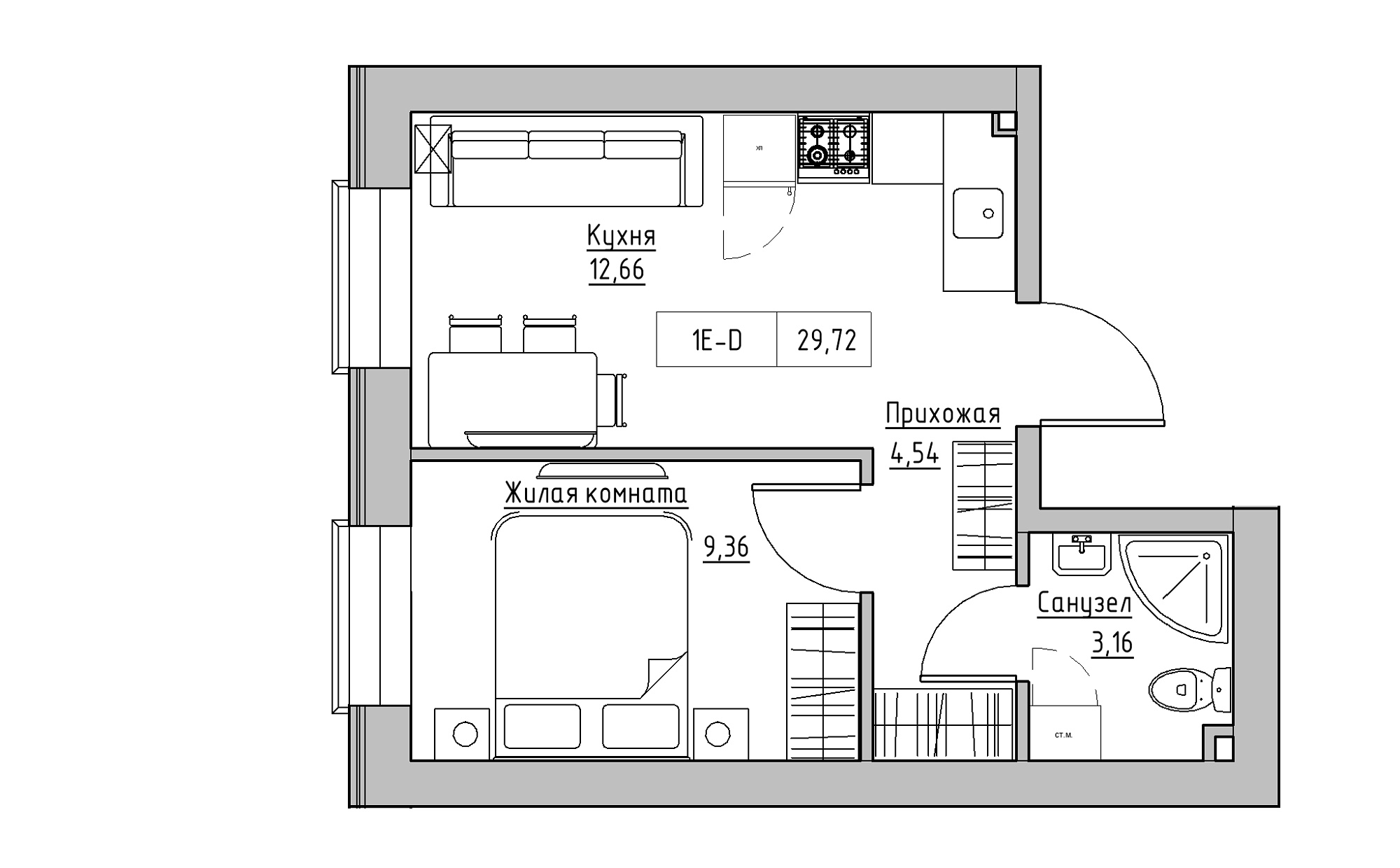 Планировка 1-к квартира площей 29.72м2, KS-022-01/0012.
