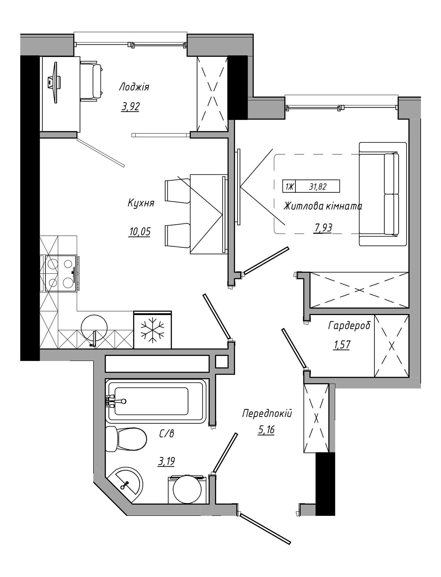 Планування 1-к квартира площею 31.82м2, AB-21-14/00110.