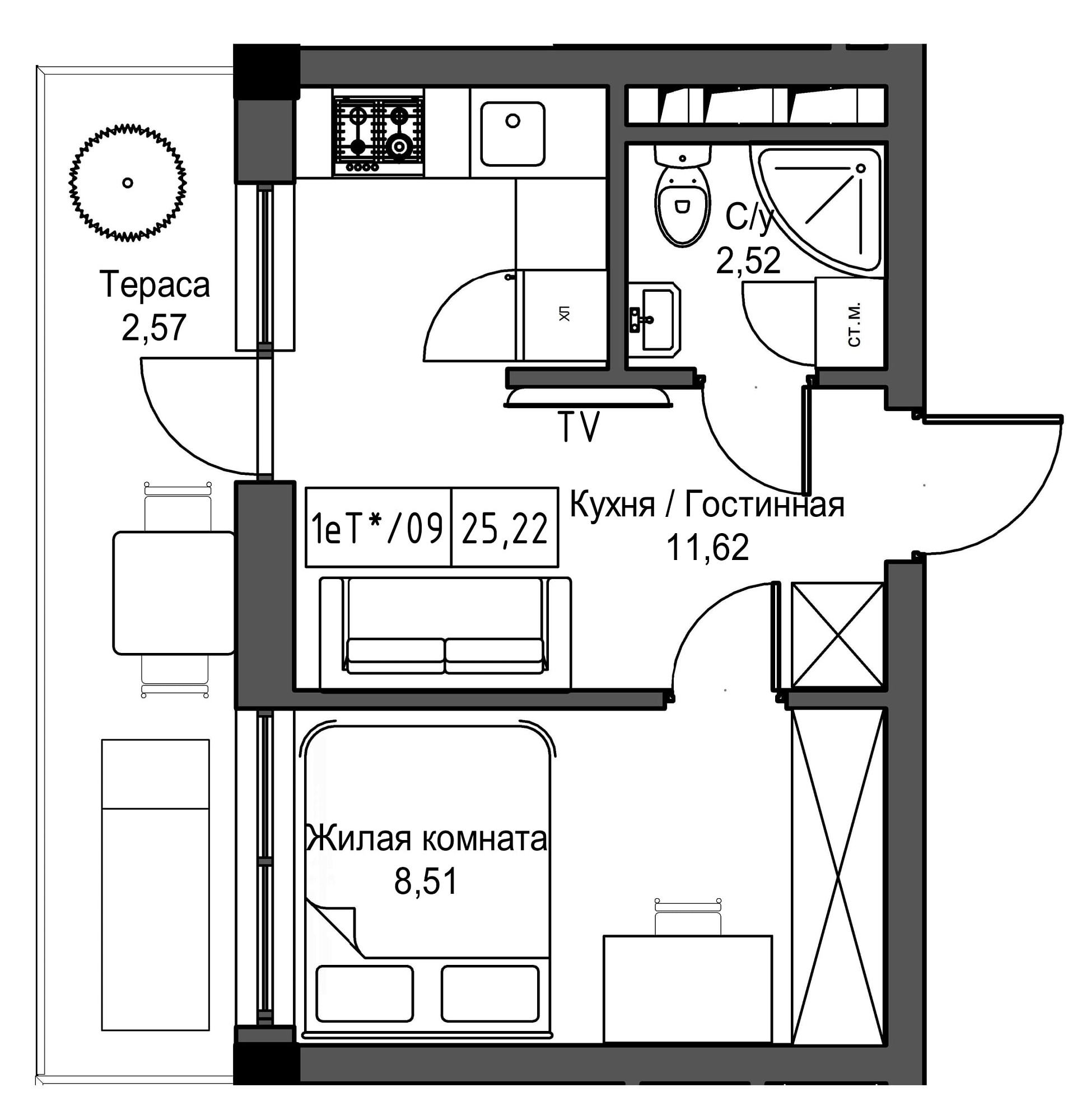 Планировка 1-к квартира площей 25.22м2, UM-002-08/0078.