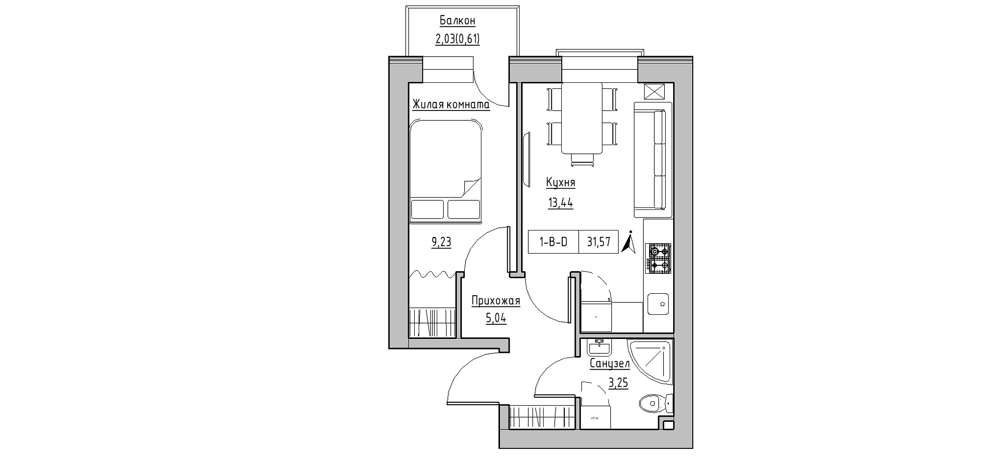Планировка 1-к квартира площей 31.57м2, KS-020-05/0003.