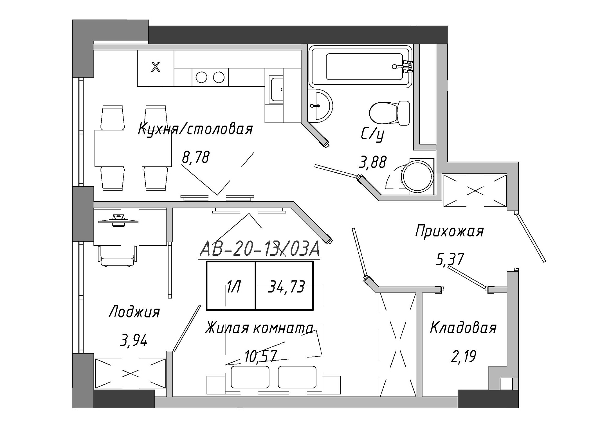 Планировка 1-к квартира площей 34.73м2, AB-20-13/0103a.