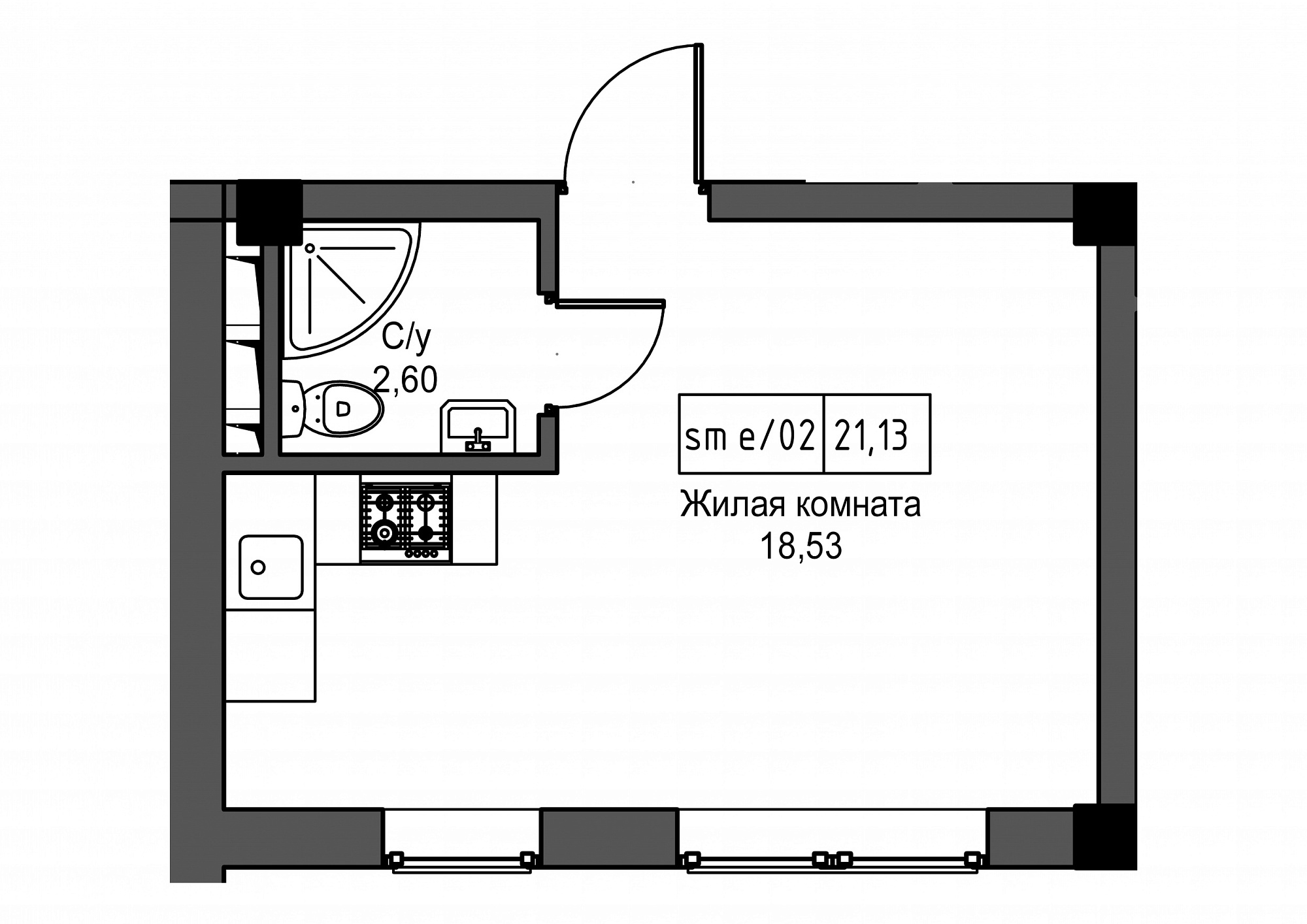 Planning Smart flats area 21.13m2, UM-002-02/0104.