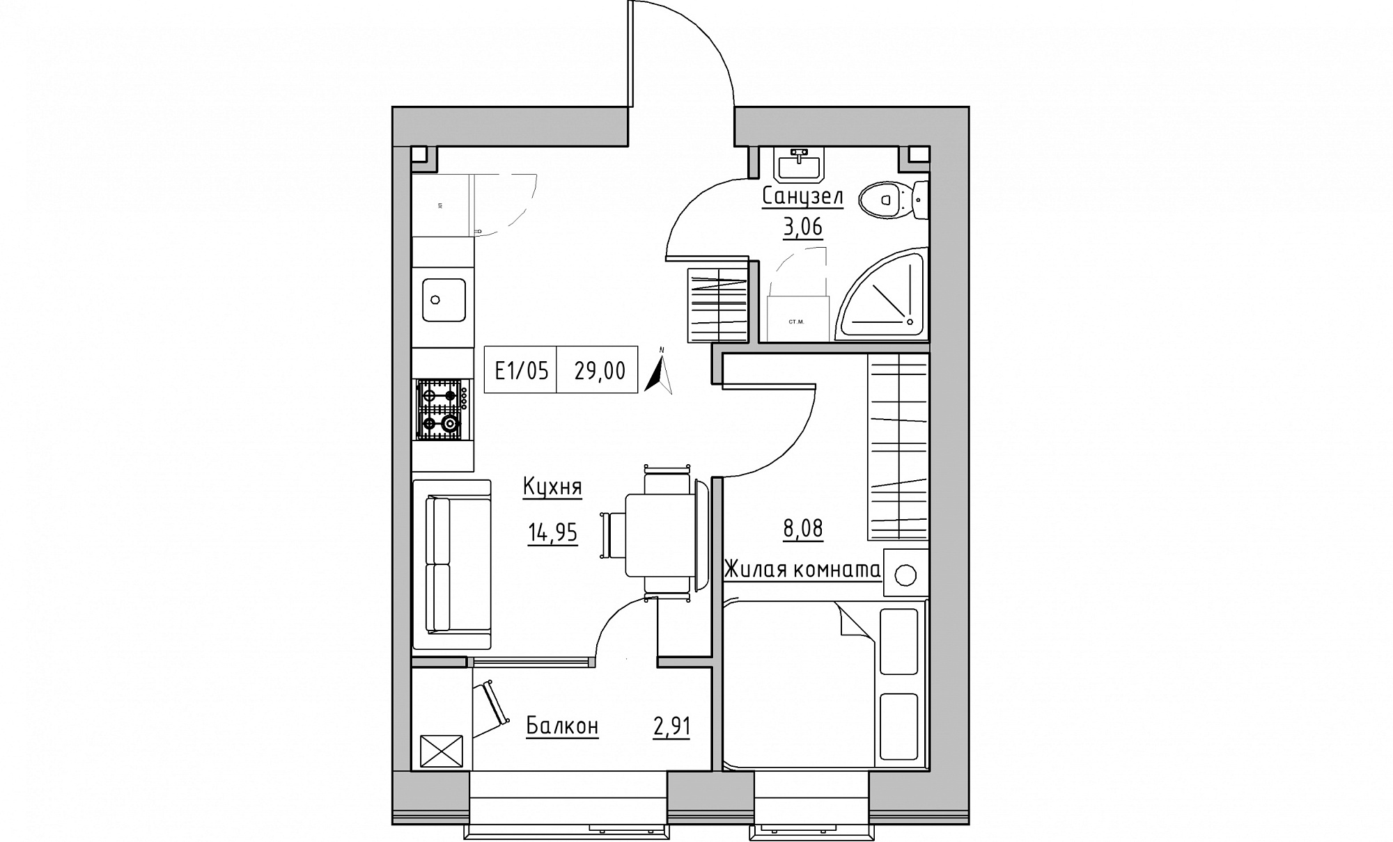 Планировка 1-к квартира площей 29м2, KS-015-04/0009.