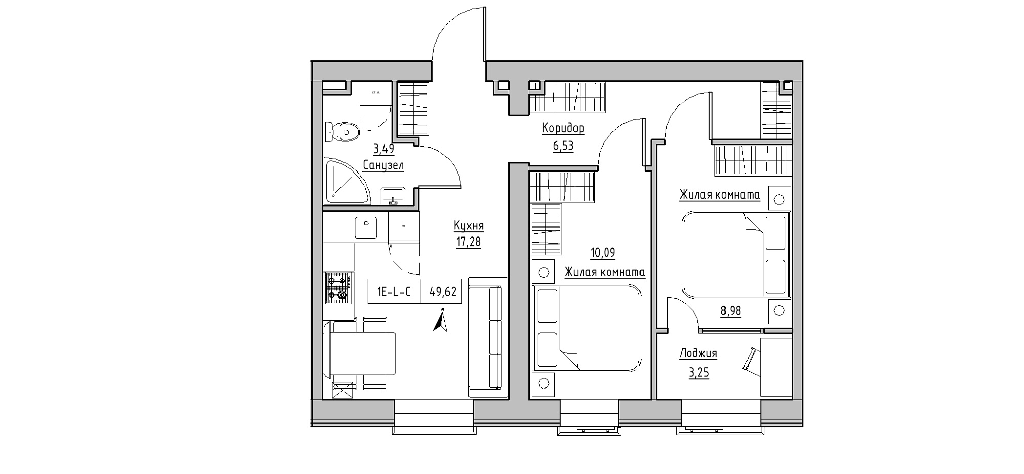 Planning 2-rm flats area 49.62m2, KS-020-01/0007.
