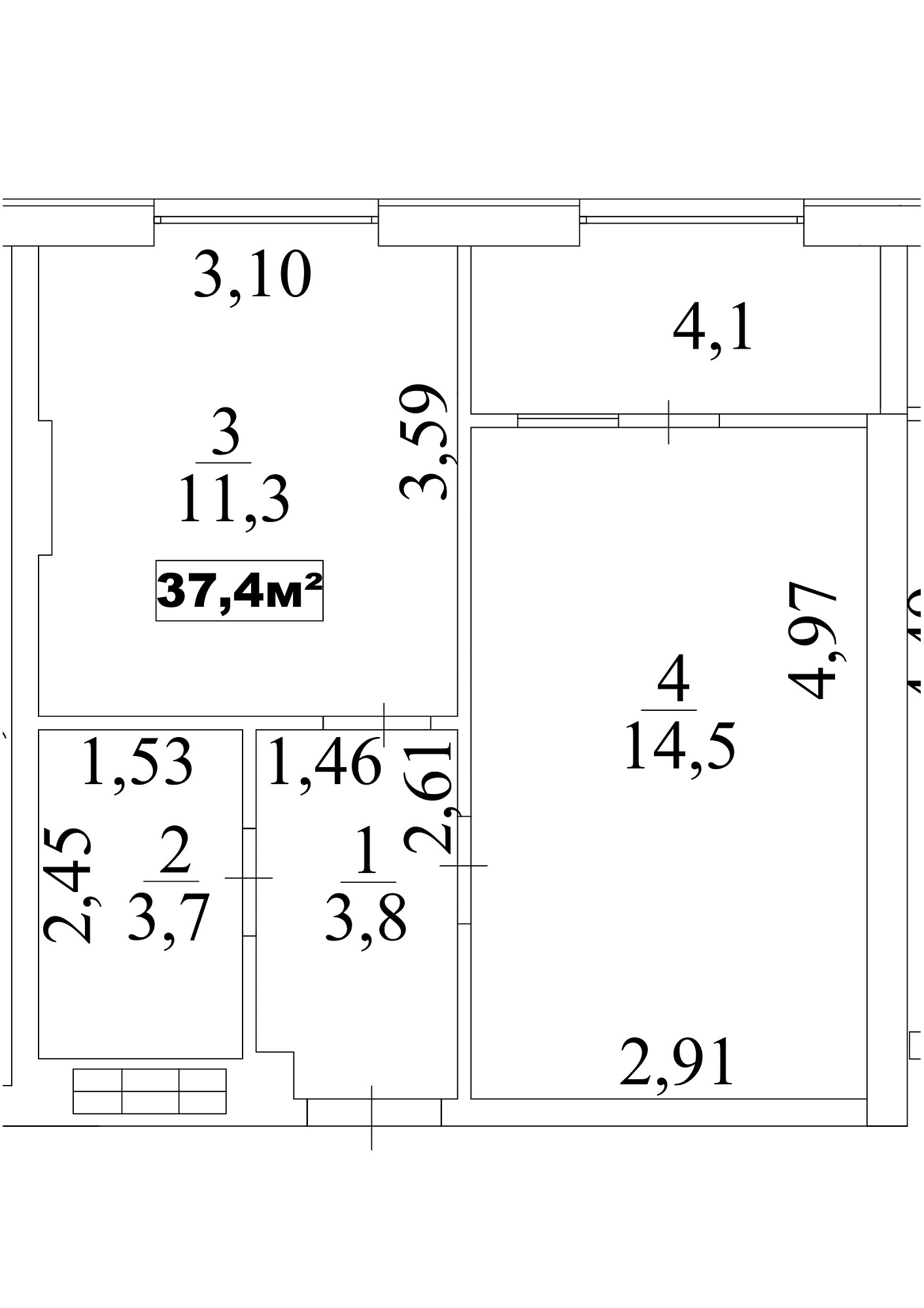 Планировка 1-к квартира площей 37.4м2, AB-10-10/0088а.