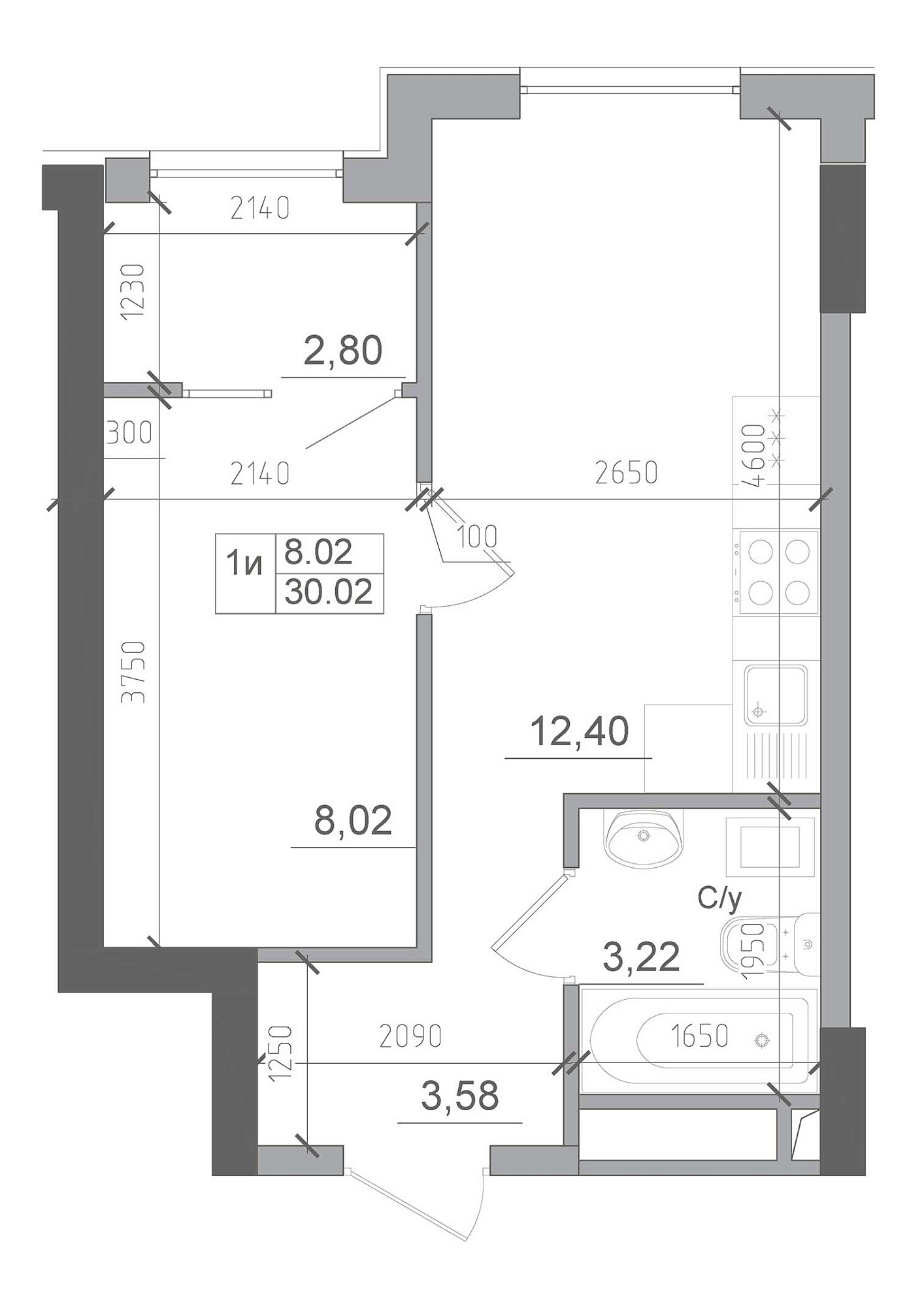 Планування 1-к квартира площею 30.02м2, AB-22-05/00014.