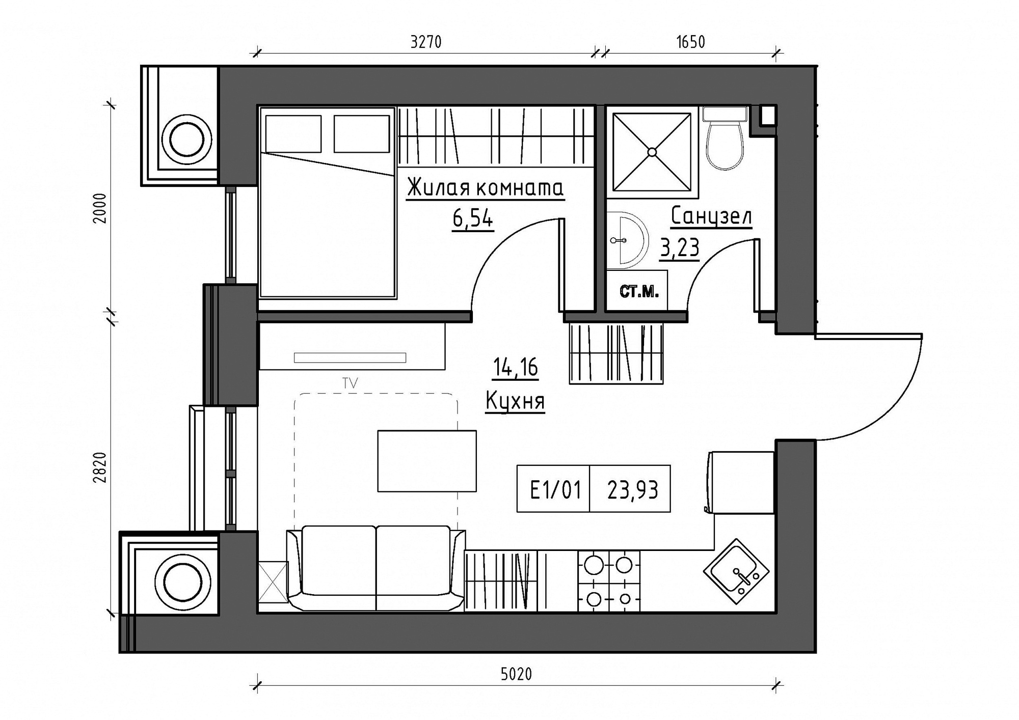 Планировка 1-к квартира площей 23.93м2, KS-012-04/0012.