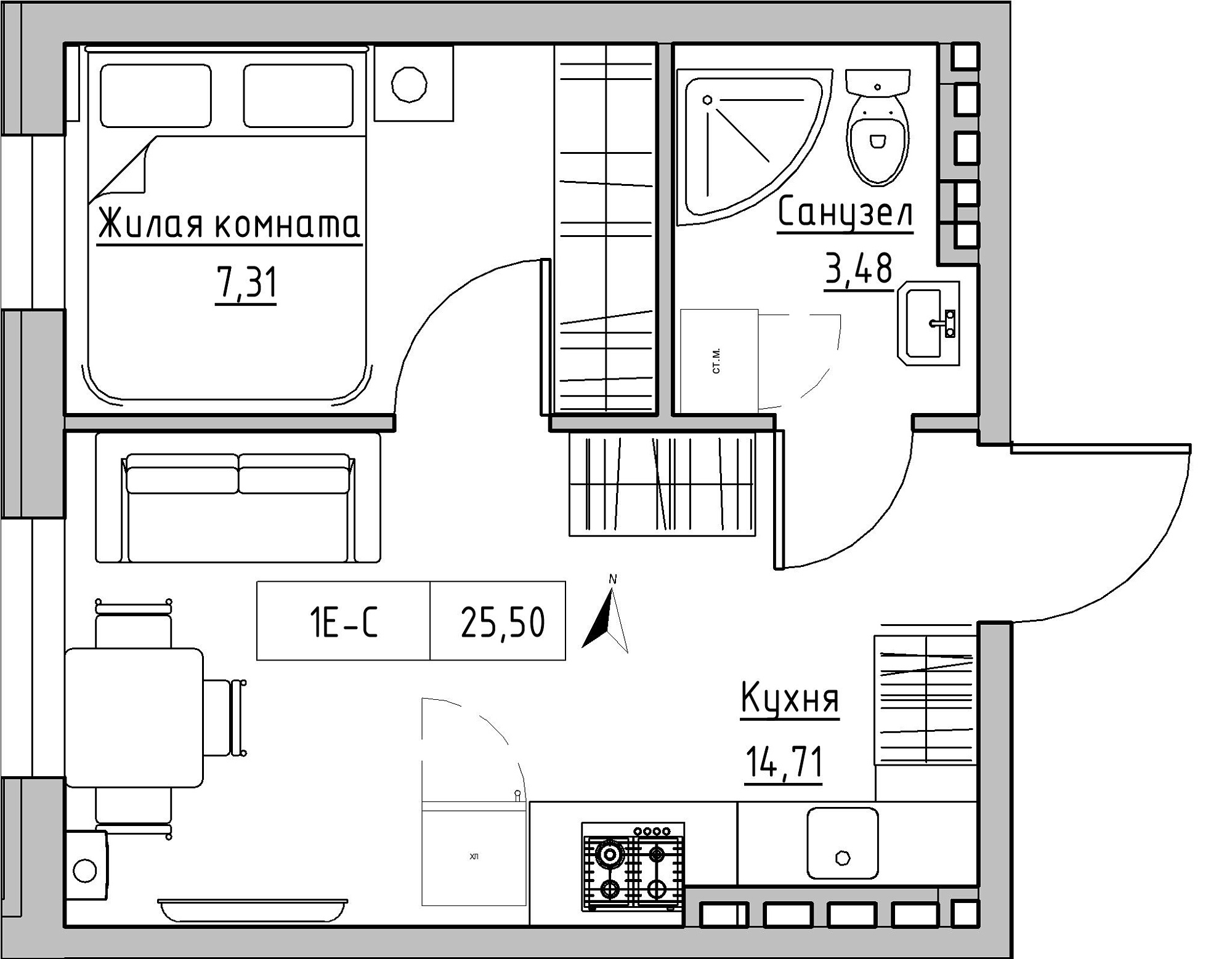 Планування 1-к квартира площею 25.5м2, KS-024-04/0014.
