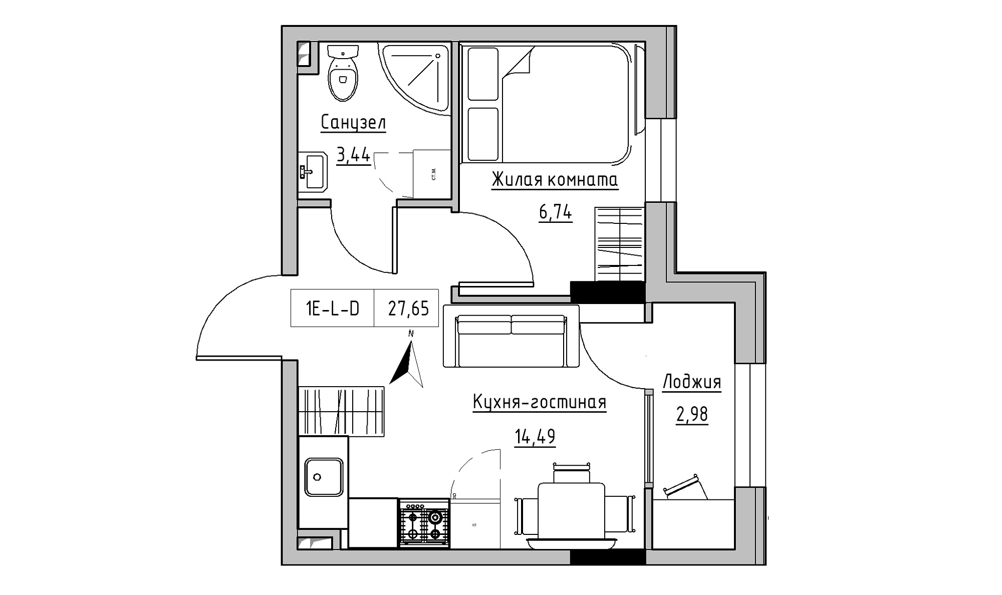 Планировка 1-к квартира площей 27.65м2, KS-025-01/0001.