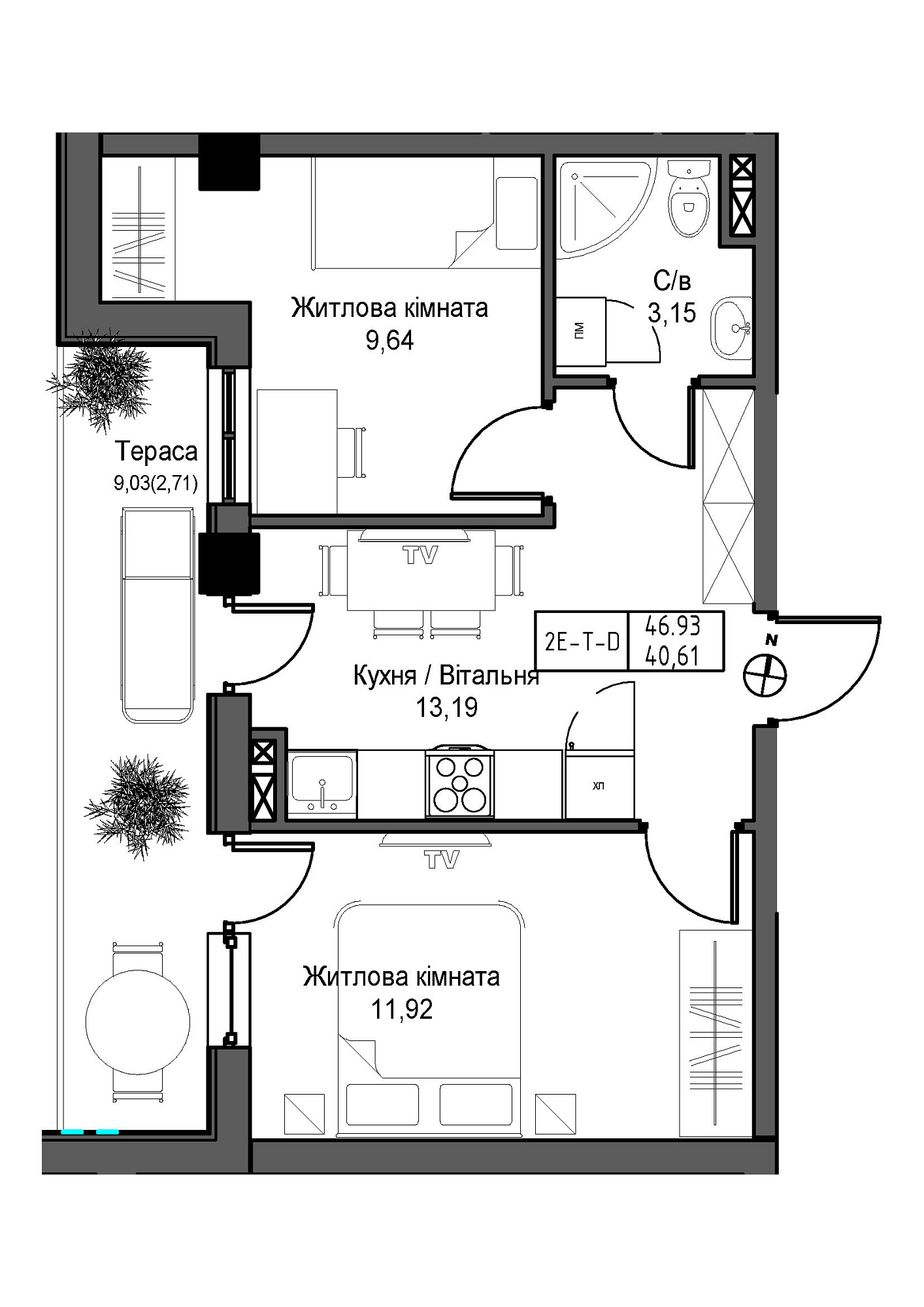 Планування 2-к квартира площею 40.61м2, UM-007-06/0001.