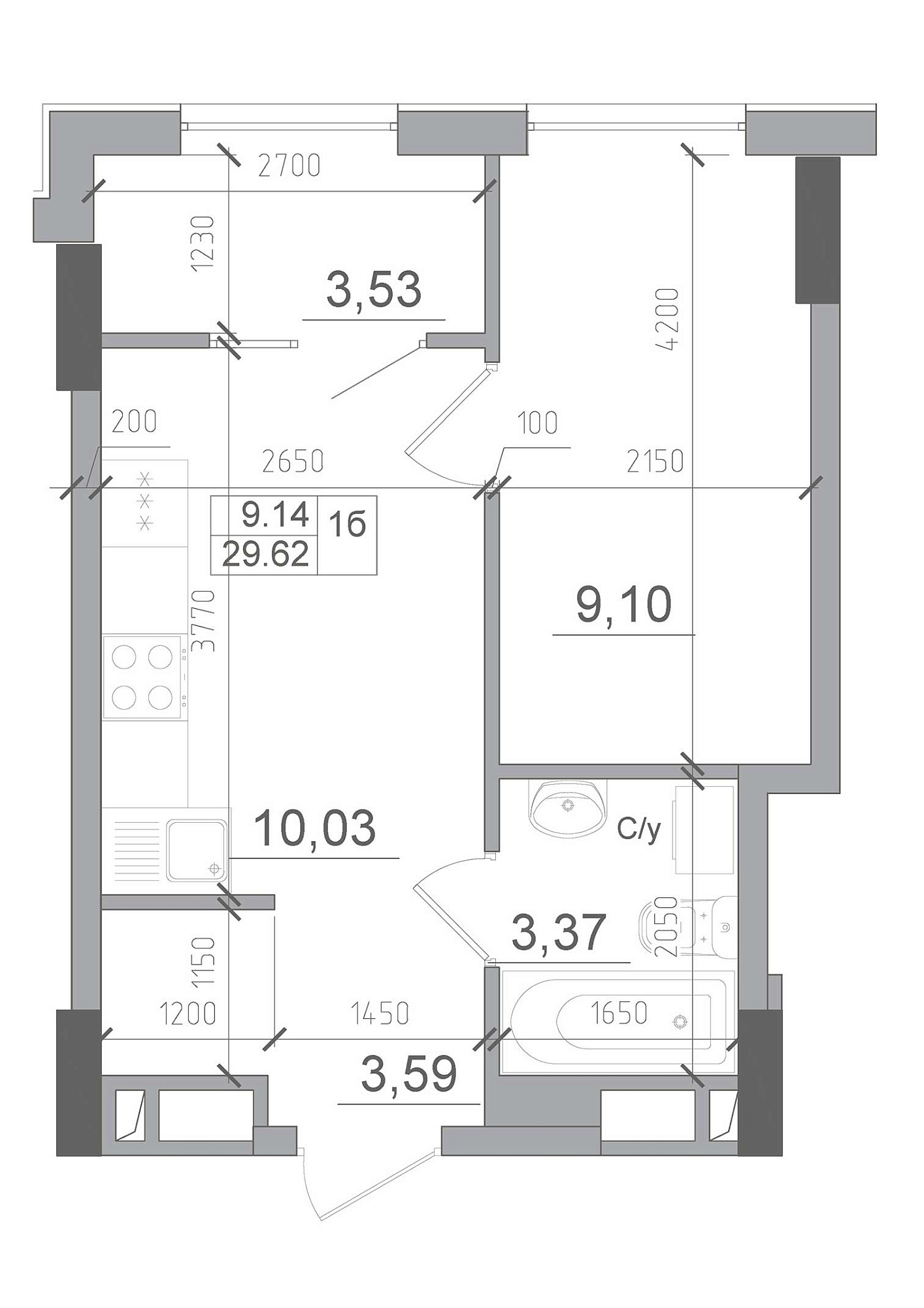 Планировка 1-к квартира площей 29.62м2, AB-22-06/00002.