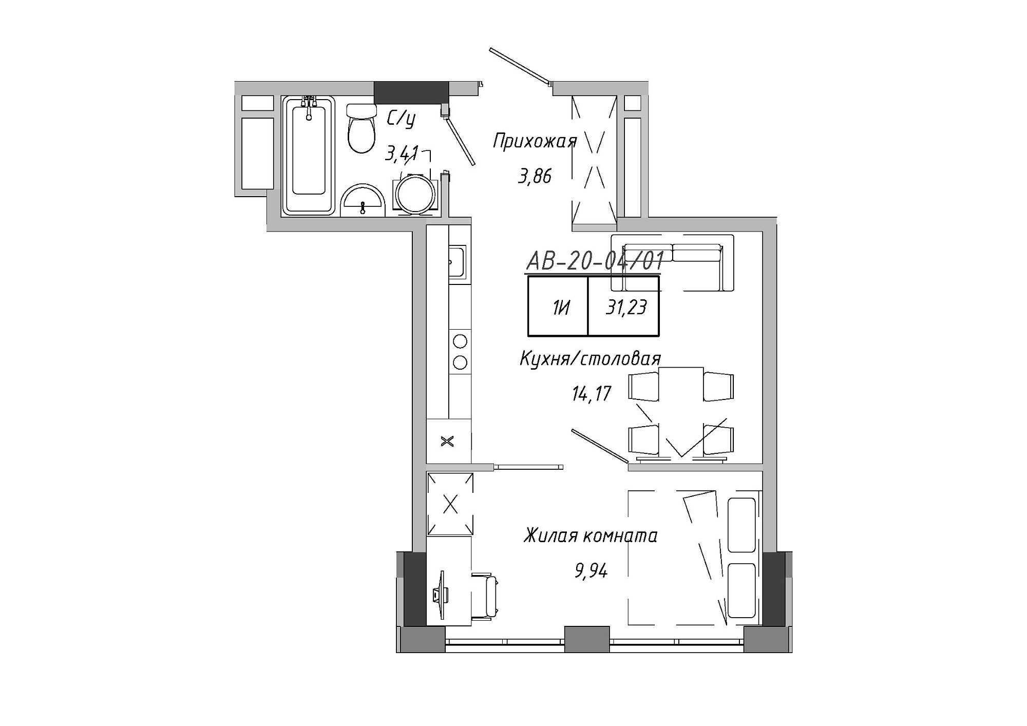 Планировка 1-к квартира площей 31.23м2, AB-20-04/00001.