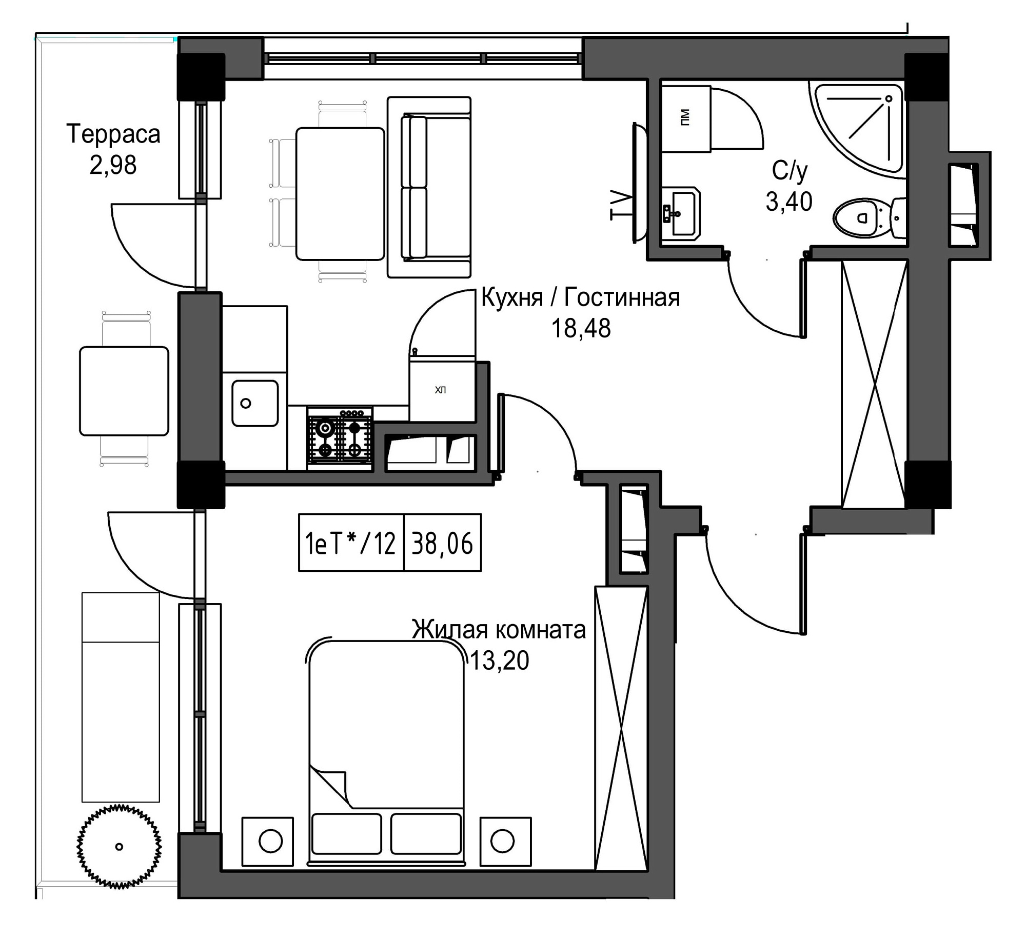 Планування 1-к квартира площею 38.06м2, UM-002-08/0081.