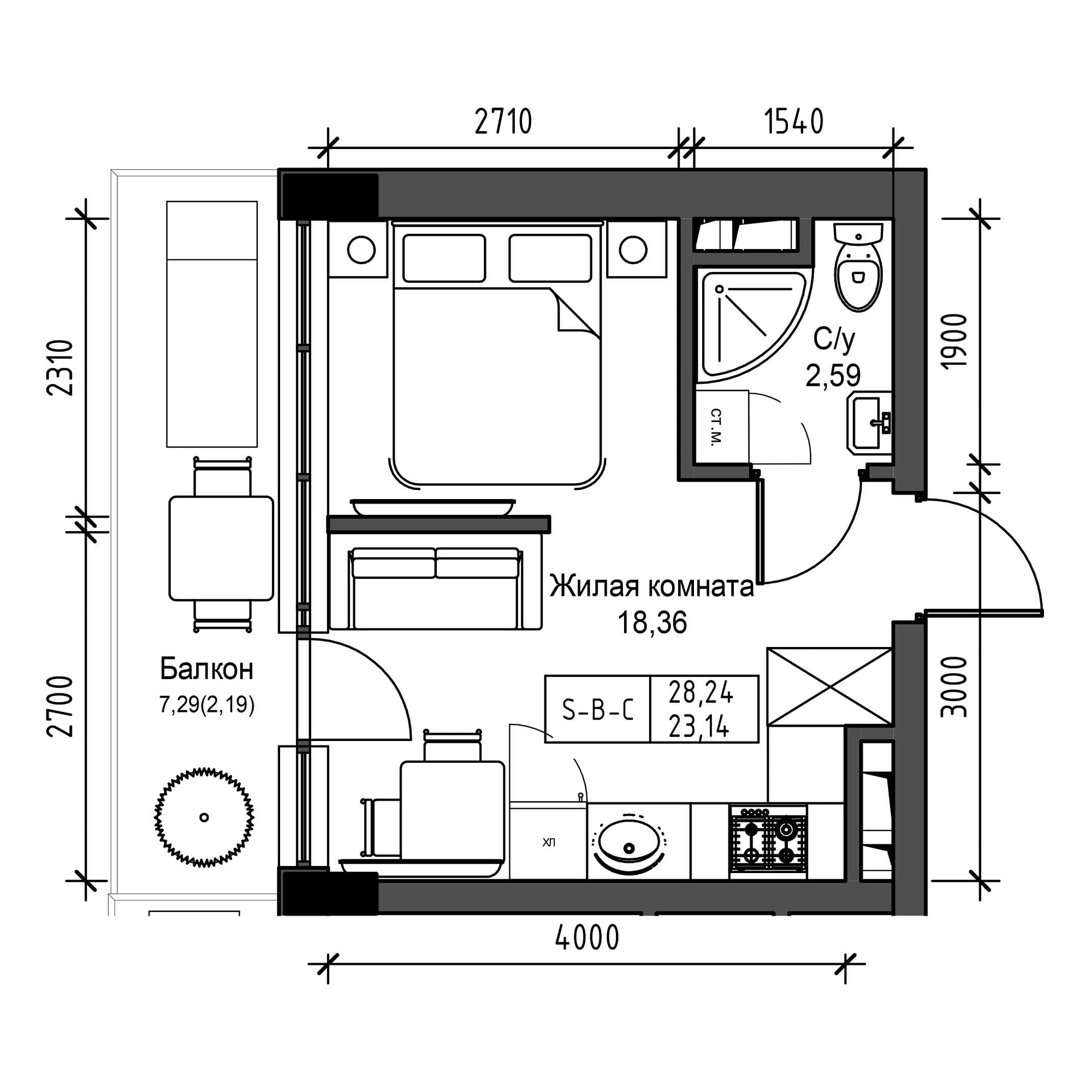 Планування Smart-квартира площею 23.14м2, UM-001-09/0013.