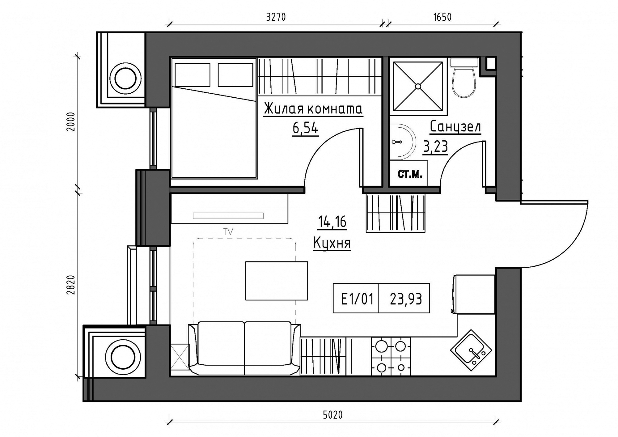 Планировка 1-к квартира площей 23.93м2, KS-012-01/0012.