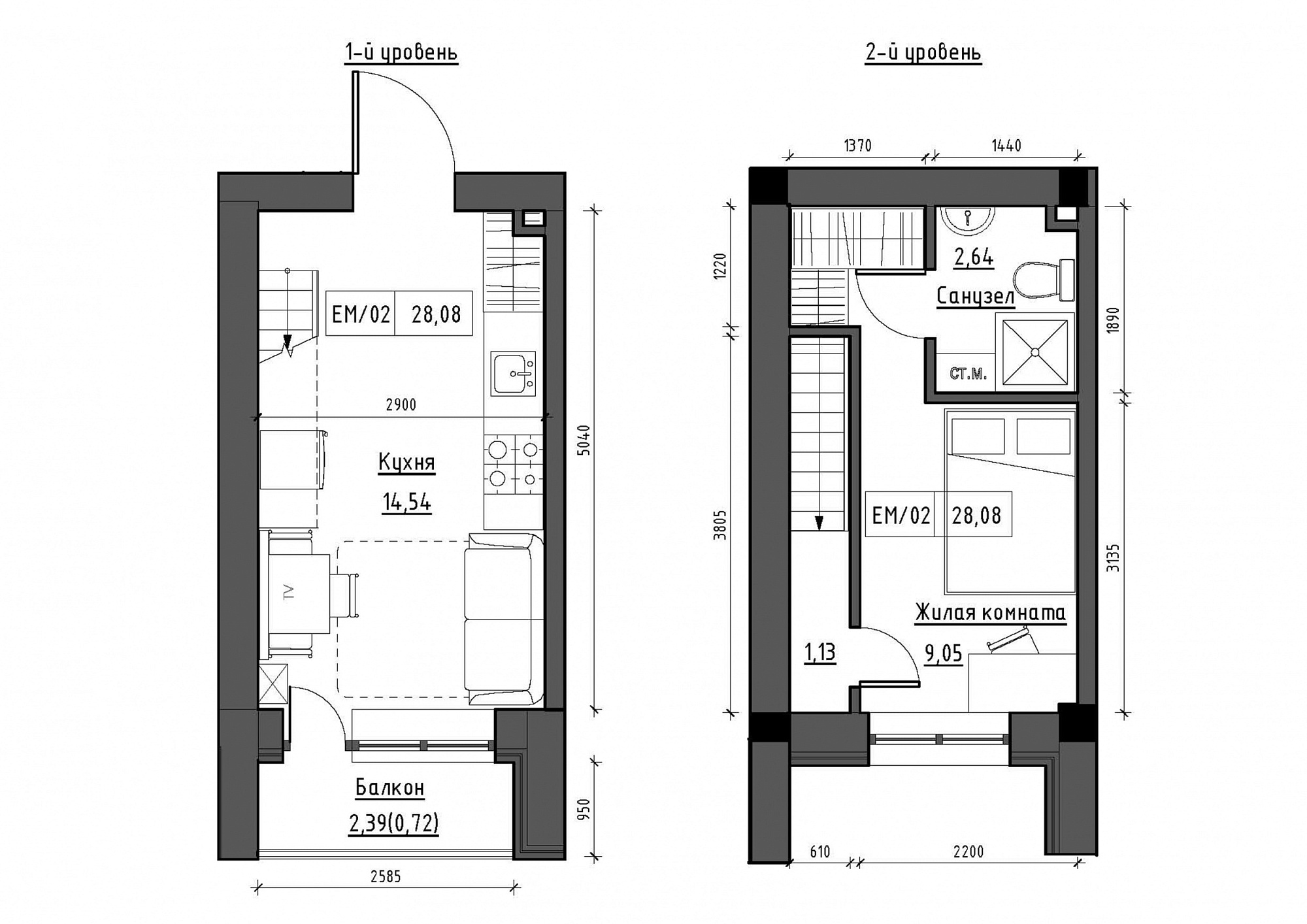 Planning 2-lvl flats area 28.08m2, KS-012-05/0010.